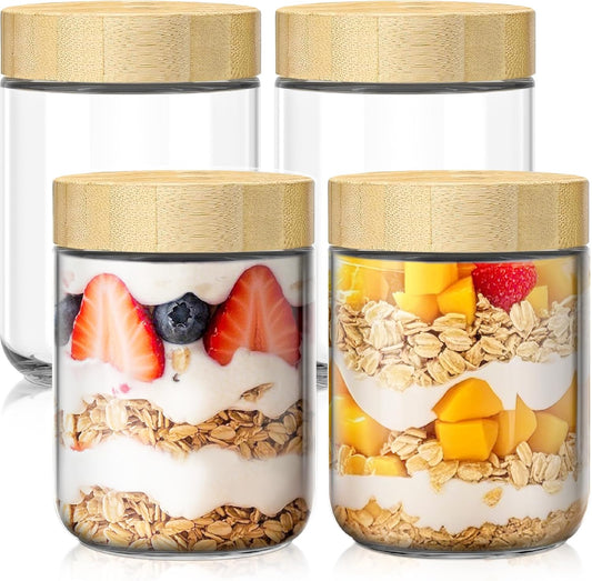 4 pack 16oz Overnight Oats Containers with Bamboo Lids, Glass Jars with Airtight Lids for Meal Prep, Wide Mouth Mason Salad Jars, Glass Food Storage Container for Yogurt Chia Snacks Spice Sugar