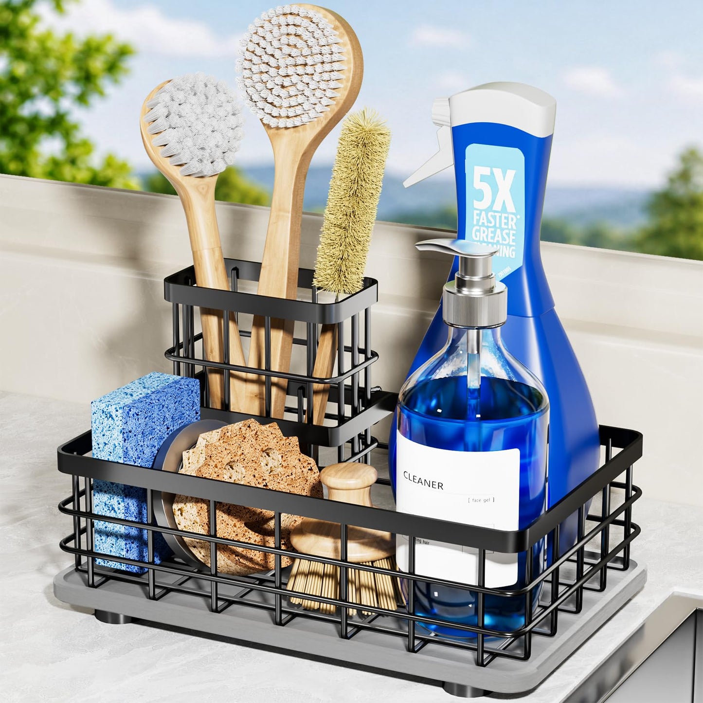 Kitchen Sink Caddy Organizer with Sponge & Brush Holder, Stone Drying Mat