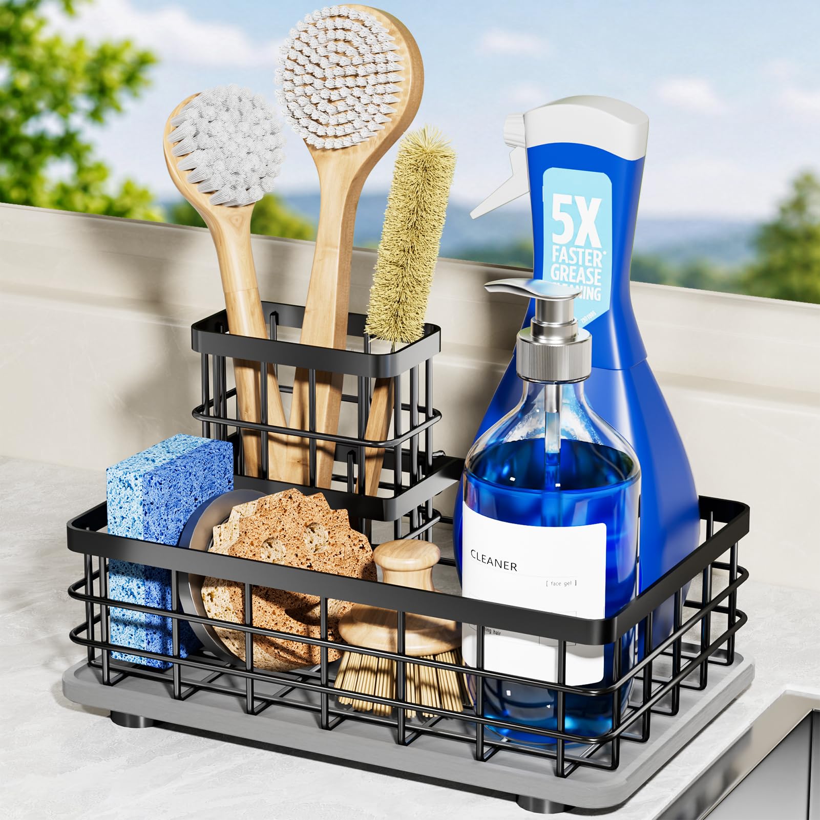 Kitchen Sink Caddy Organizer with Sponge & Brush Holder, Stone Drying Mat