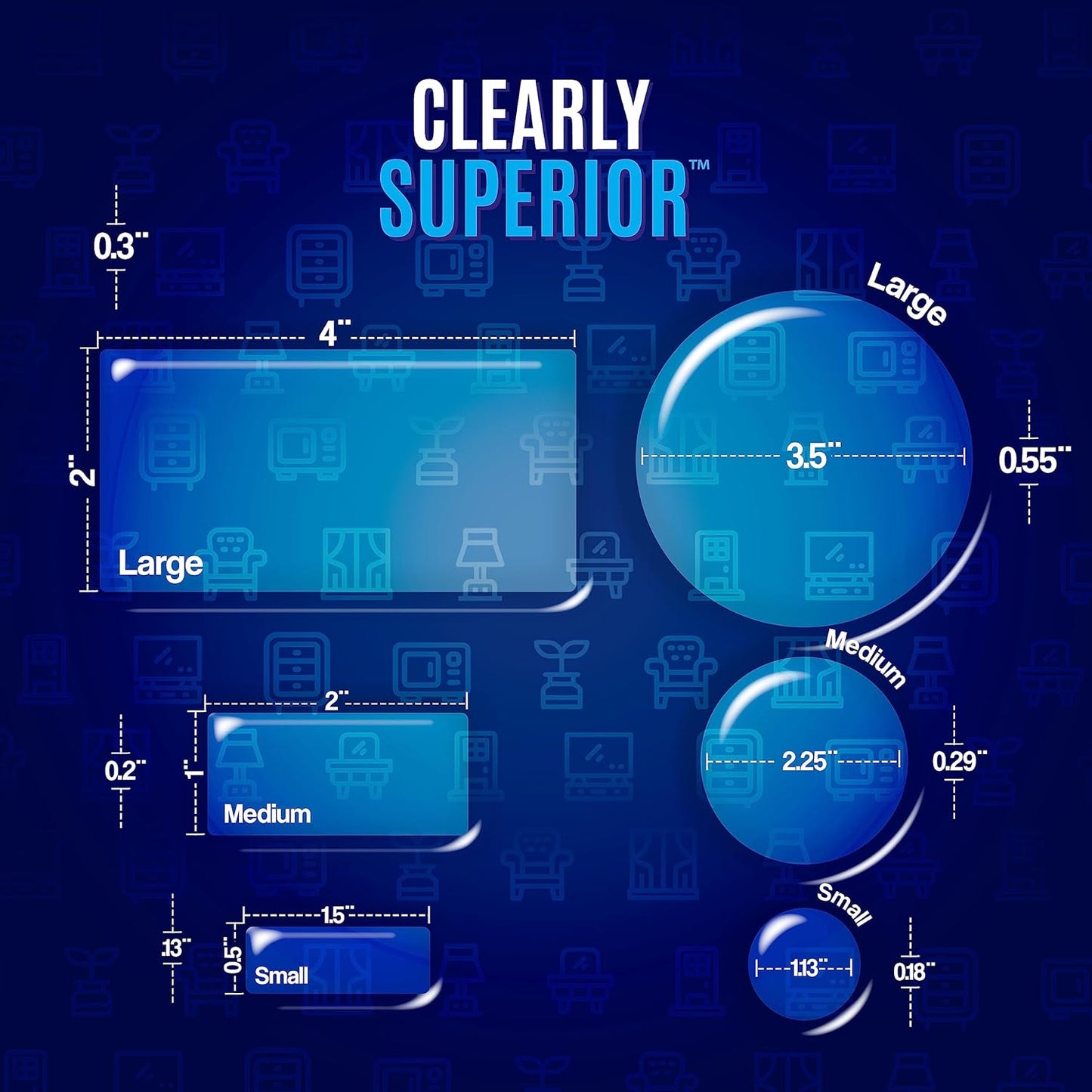 12-Pack Clearly Superior Gel Bumpers. Small Rectangle 1.5" x .5" Protects Surfaces & Quiets Contact. Use on Furniture, Doors, Cabinets, Walls & Appliances. Self Adhesive, Just Press to Apply