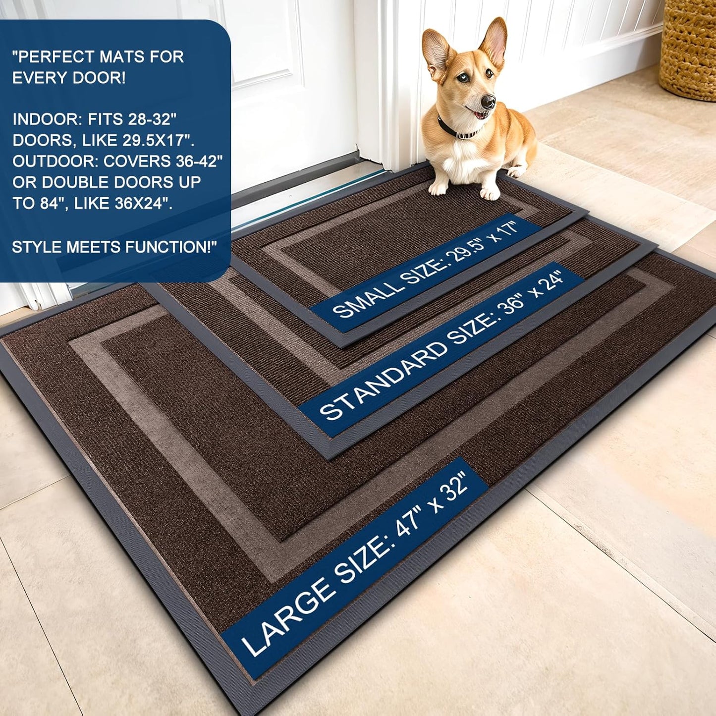 OLANLY Front Door Mat Indoor Outdoor Entrance, Waterproof All-Season, All-Weather Doormat, Sturdy Natural Rubber, Fade Resistant, Low Profile, Easy Clean Patio Porch Entryway Mat, 47x23, Dark Brown