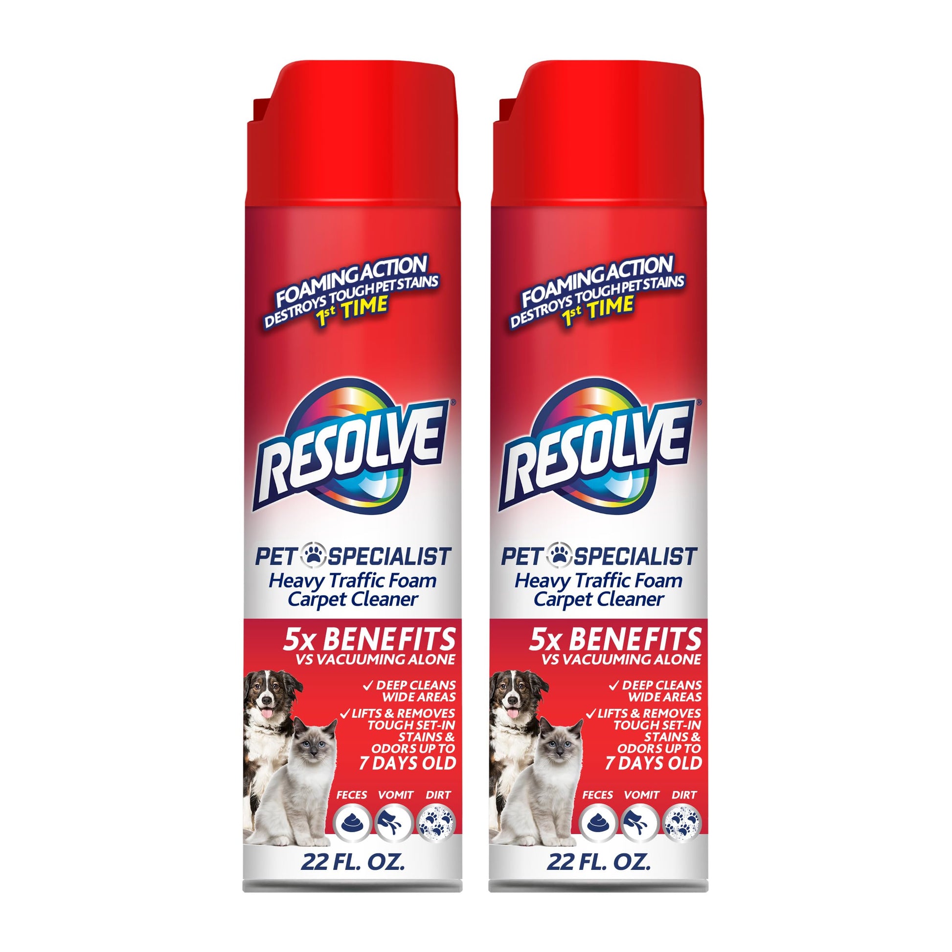 Resolve Pet Specialist Heavy Traffic Foam Carpet Cleaner, Pet Stain & Odor Remover, 22 oz Cans, 2