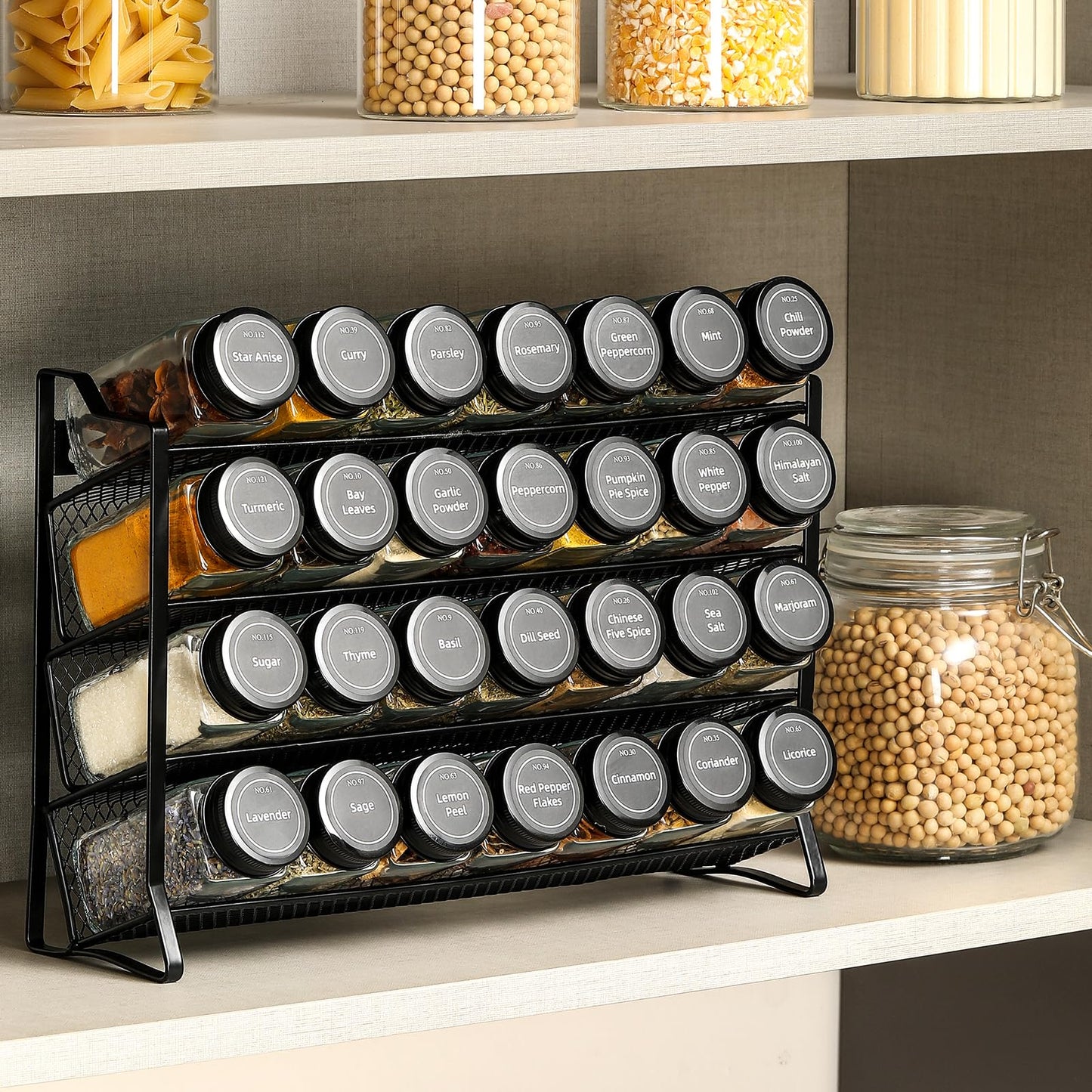 AOZITA Spice Rack Organizer for Cabinet, Spice Organizer with 28 Empty Spice Jars with Black Lids