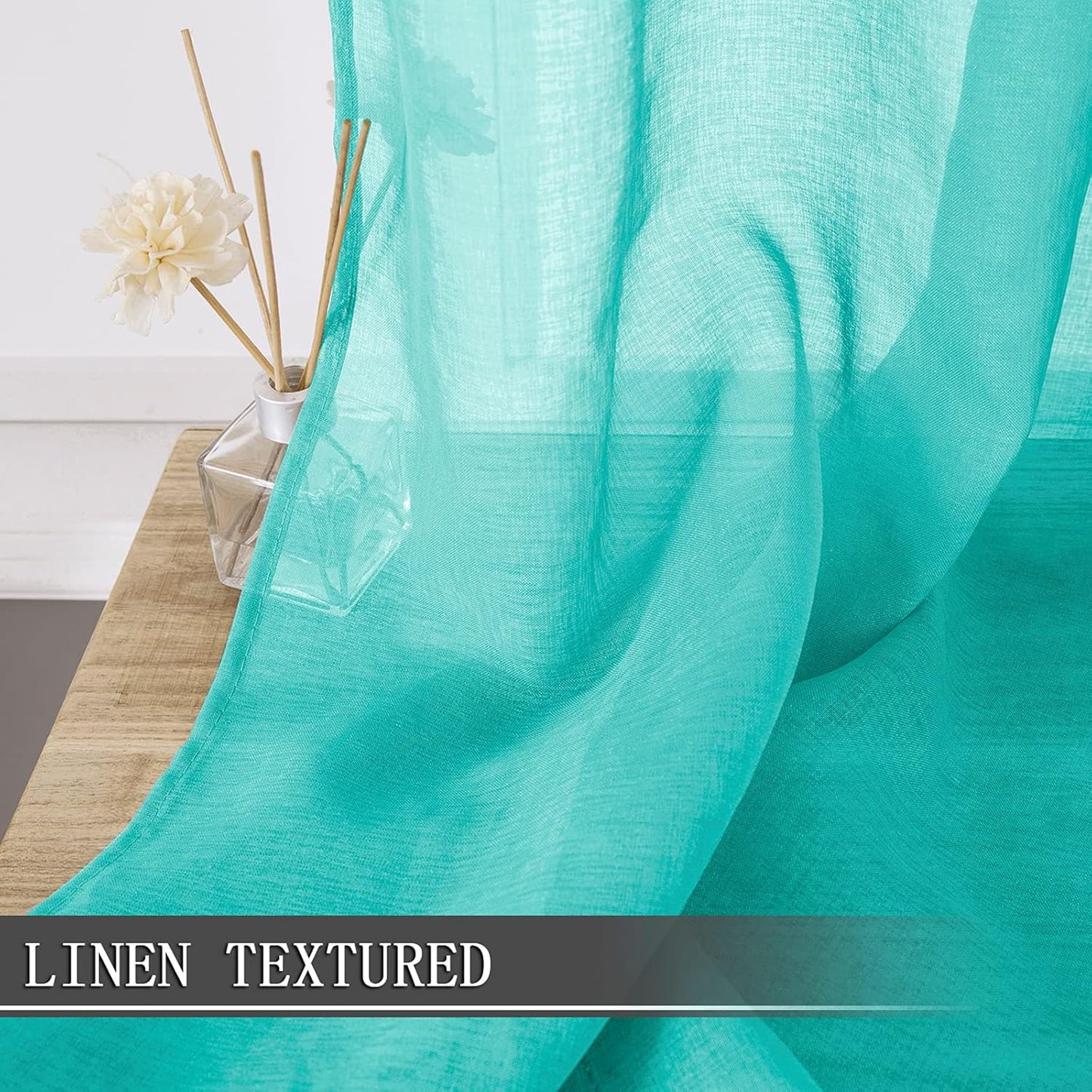 Tollpiz Sheer Curtains Linen Textured Bedroom Curtain Sheers Light Filtering Rod Pocket Voile Curtains for Living Room, 54 x 84 inches Long, Aqua Blue, Set of 2 Panels