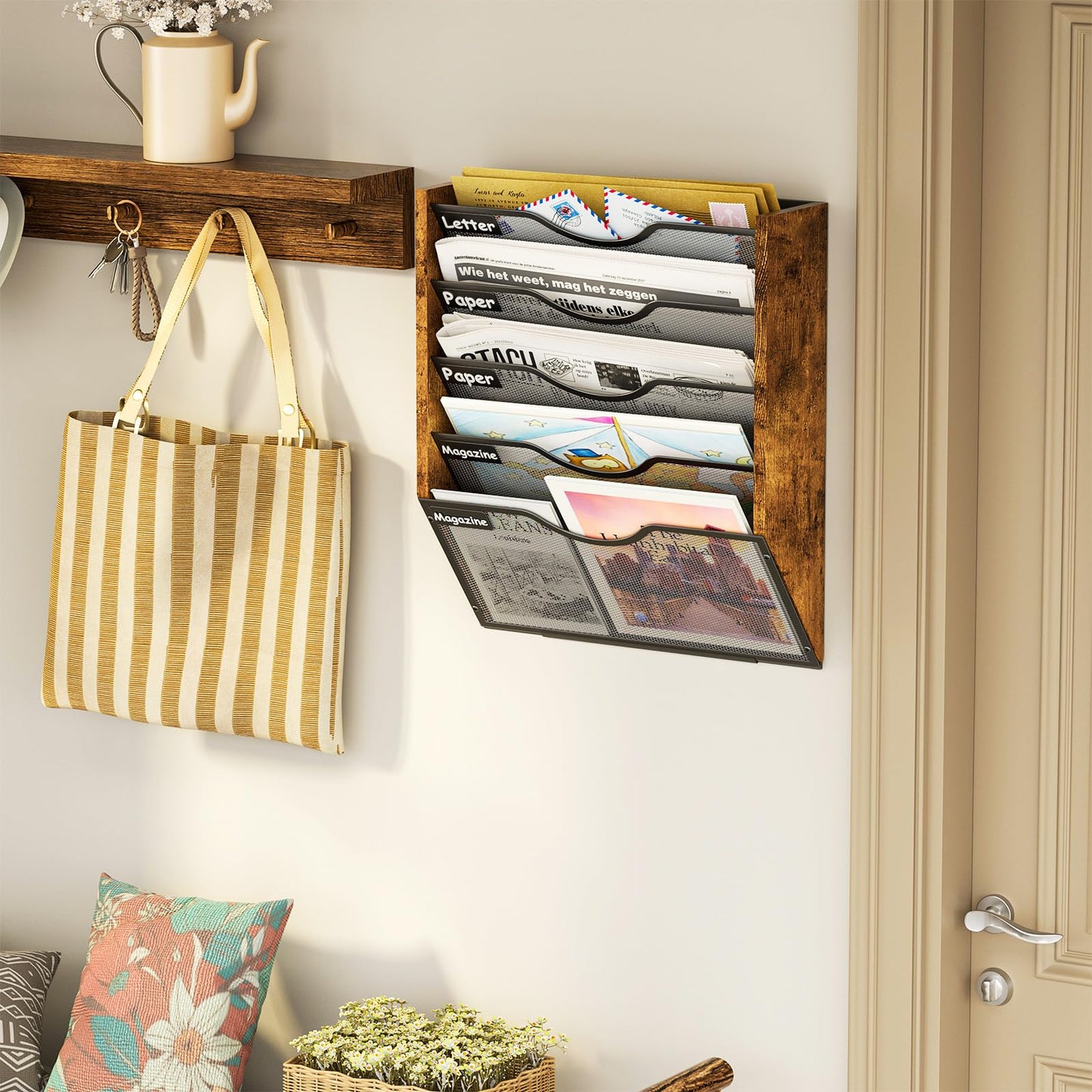 Ironwood Hanging Wall File Organizer, 5 Pocket Mesh Mail Organizer Wall Mounted with Nametag Label