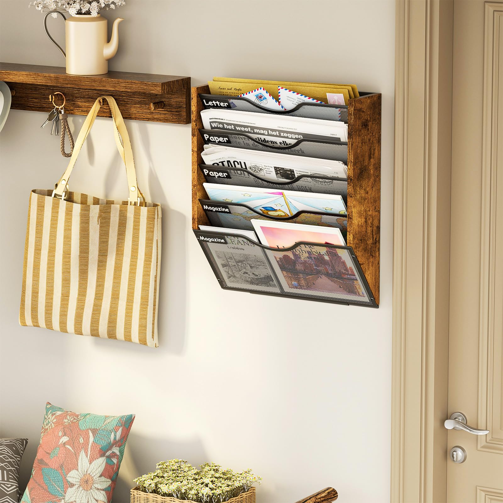 Ironwood Hanging Wall File Organizer, 5 Pocket Mesh Mail Organizer Wall Mounted with Nametag Label