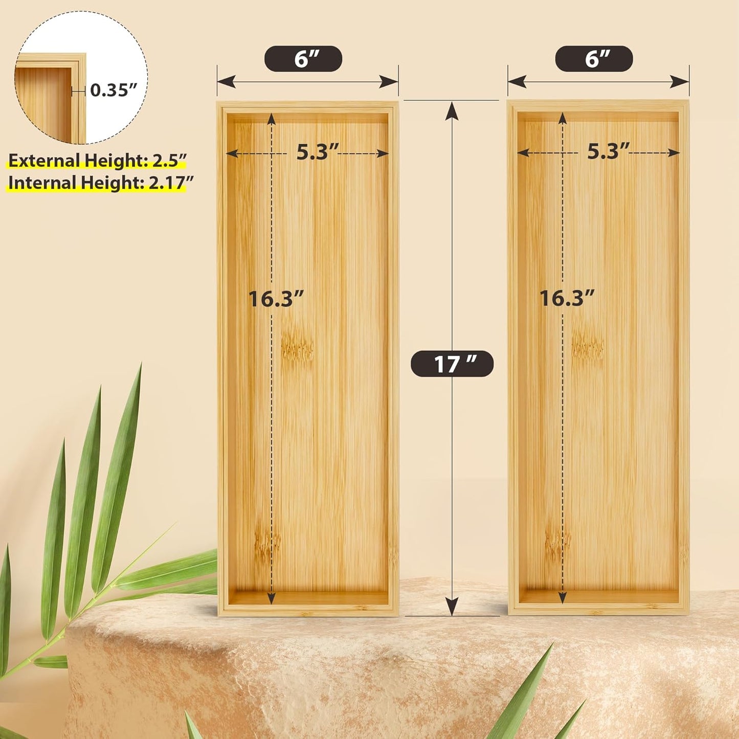 Kitchen Drawer Organizer Tray, Stackable Bamboo Deep Drawer Organizer for Large Silverware, Utensils, Cutlery, Flatware,Junk Drawer, Dresser, Bathroom, 17" x 6" x 2.5" (Set of 2)