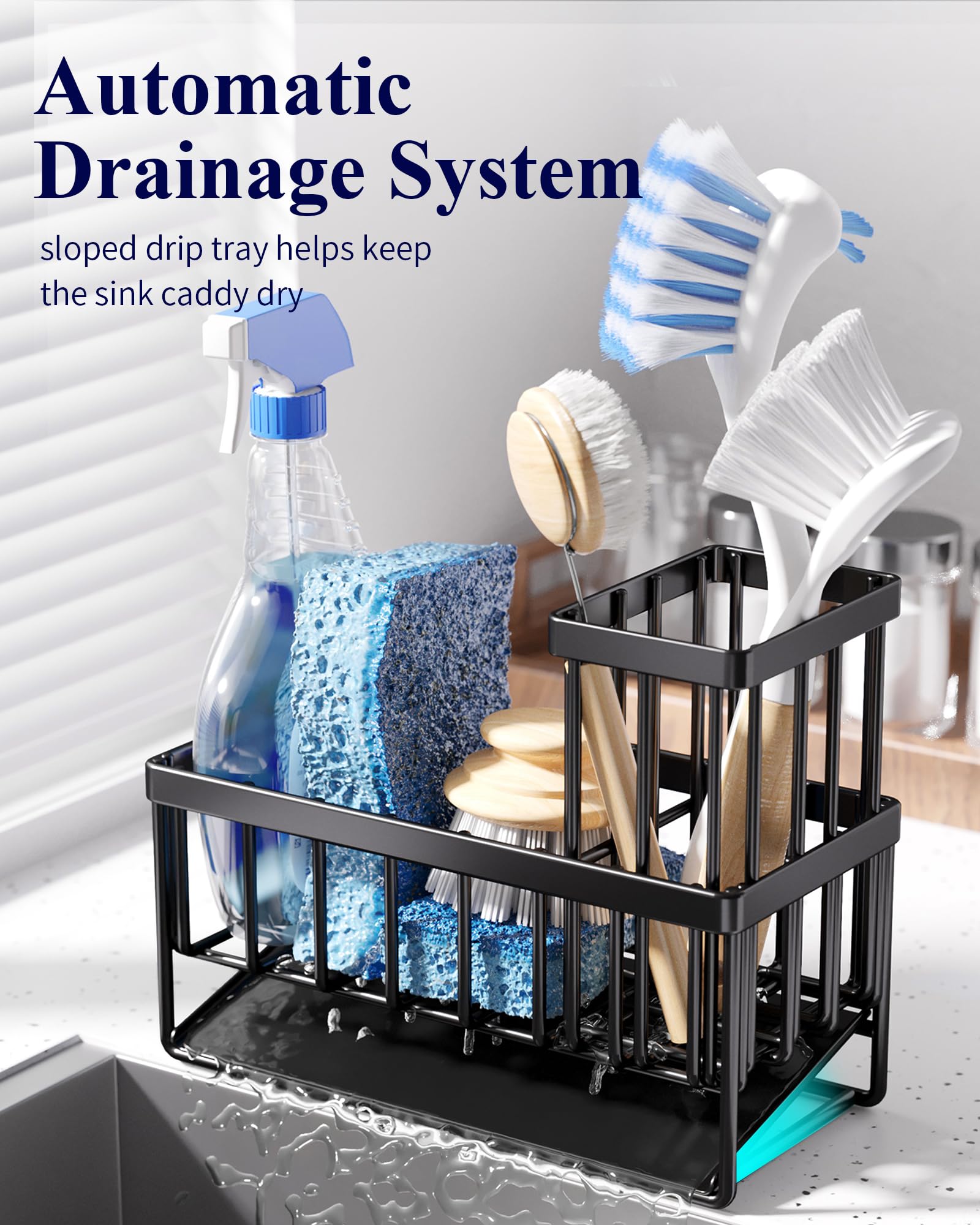 Kitsure Sponge Holder for Kitchen Sink, 7.9"x3.7"x6.2", Black