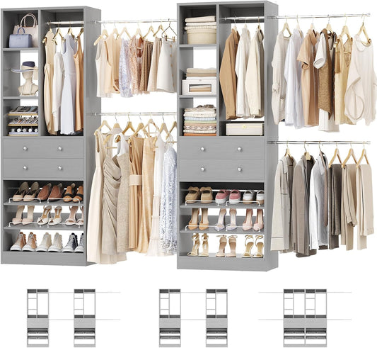 Closet System, Up to 134"/11.2 FT Closet Organizer with 4 Wooden Drawers and Shelves, Walk-in Closet System with 6 Hanging Rods, Built-in Closet Can Fit 96"/8FT, 120"/10FT, Morandi Grey
