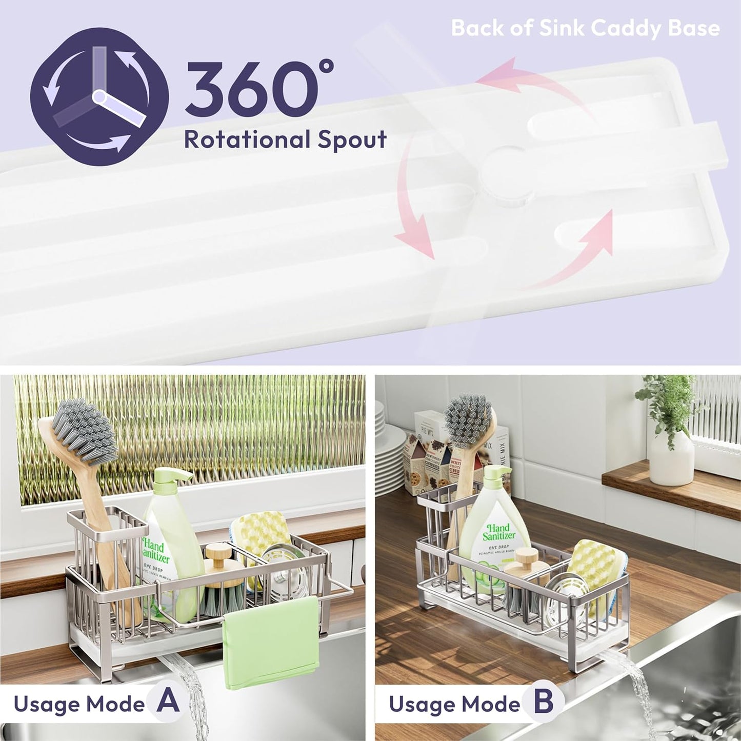 SWTYMIKI Sponge Holder for Kitchen Sink - Sink Caddy with Brush Holder Self-draining Sponge Caddy Organizer with Divider Stainless Steel Kitchen Accessories Storage for Countertop, Silver