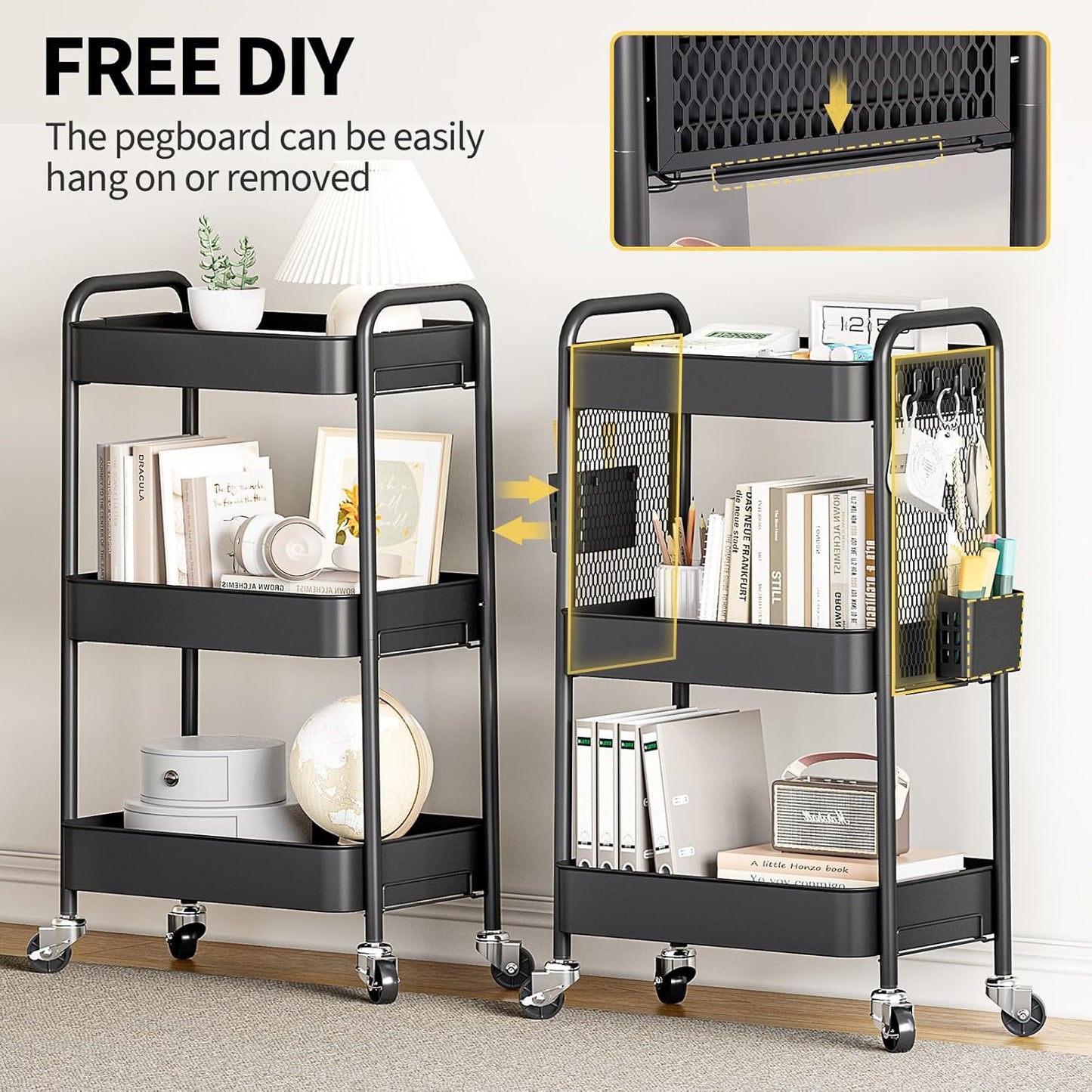 TOOLF 3 Tier Rolling Cart Storage Organizer, Metal Rolling Utility Car with Wheels, Hooks & Bins Esthetician Art Sturdy Storage with Pegboard for Bathroom, Kitchen, Office, Nursery Diaper