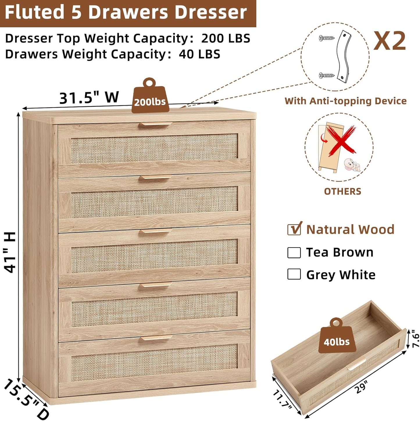 LEYAOYAO Rattan Dresser for Bedroom, 41" Tall Chest of Drawers, Modern 5 Drawers Boho Dressers with Storage, Light Oak Dresser Wooden Closet Organizer for Living Room, Hallway, Natural Wood