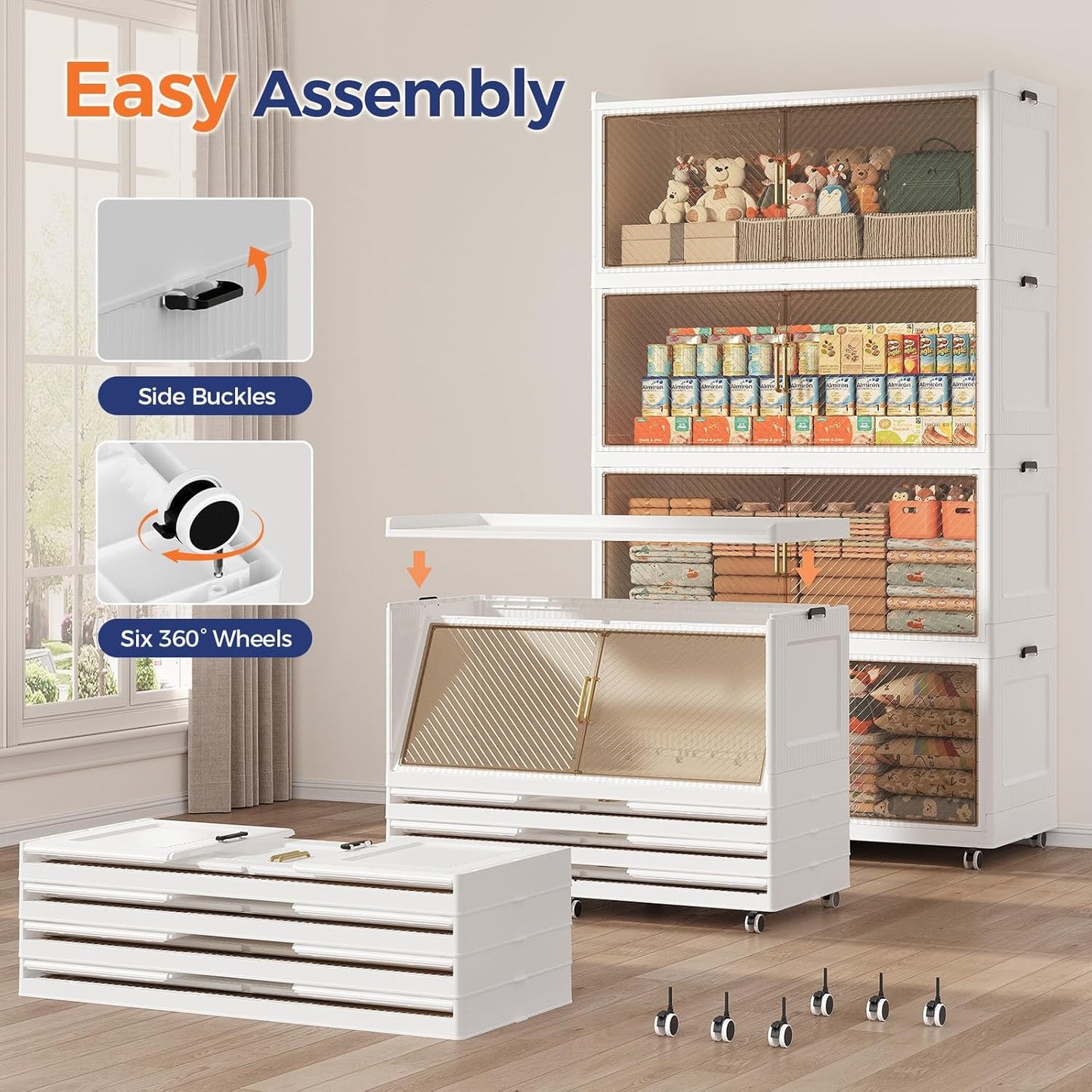 320GAL Extra Large Storage Bins with Lid, 1280QT Collapsible Organizer with Wheels, Stackable Closet Cabinet with Doors, Folding Storage Containers for Home, Office, Dorm, 3Pack White