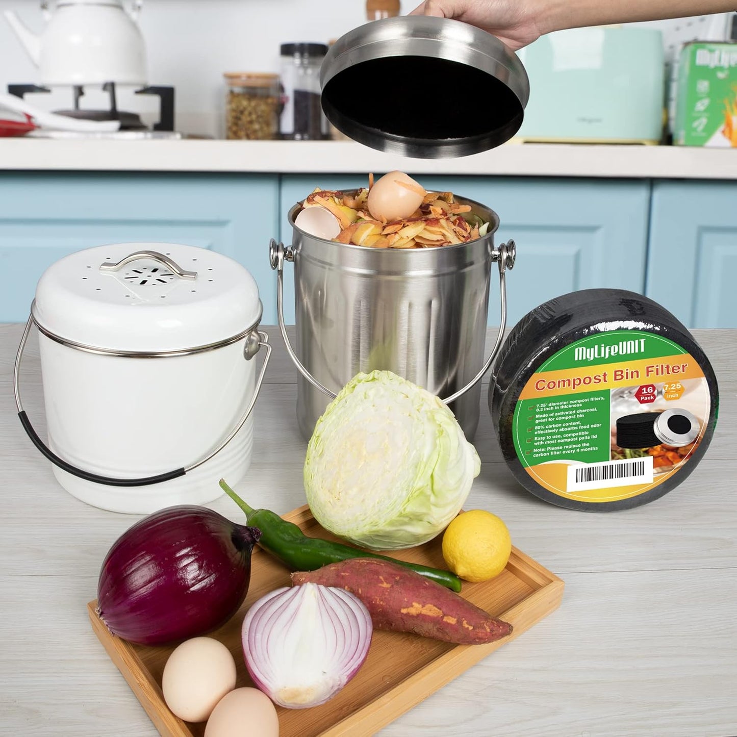 MyLifeUNIT 16 Pack Compost Bin Filter, Kitchen Compost Pail Charcoal Filter Replacements (7.25 inches)