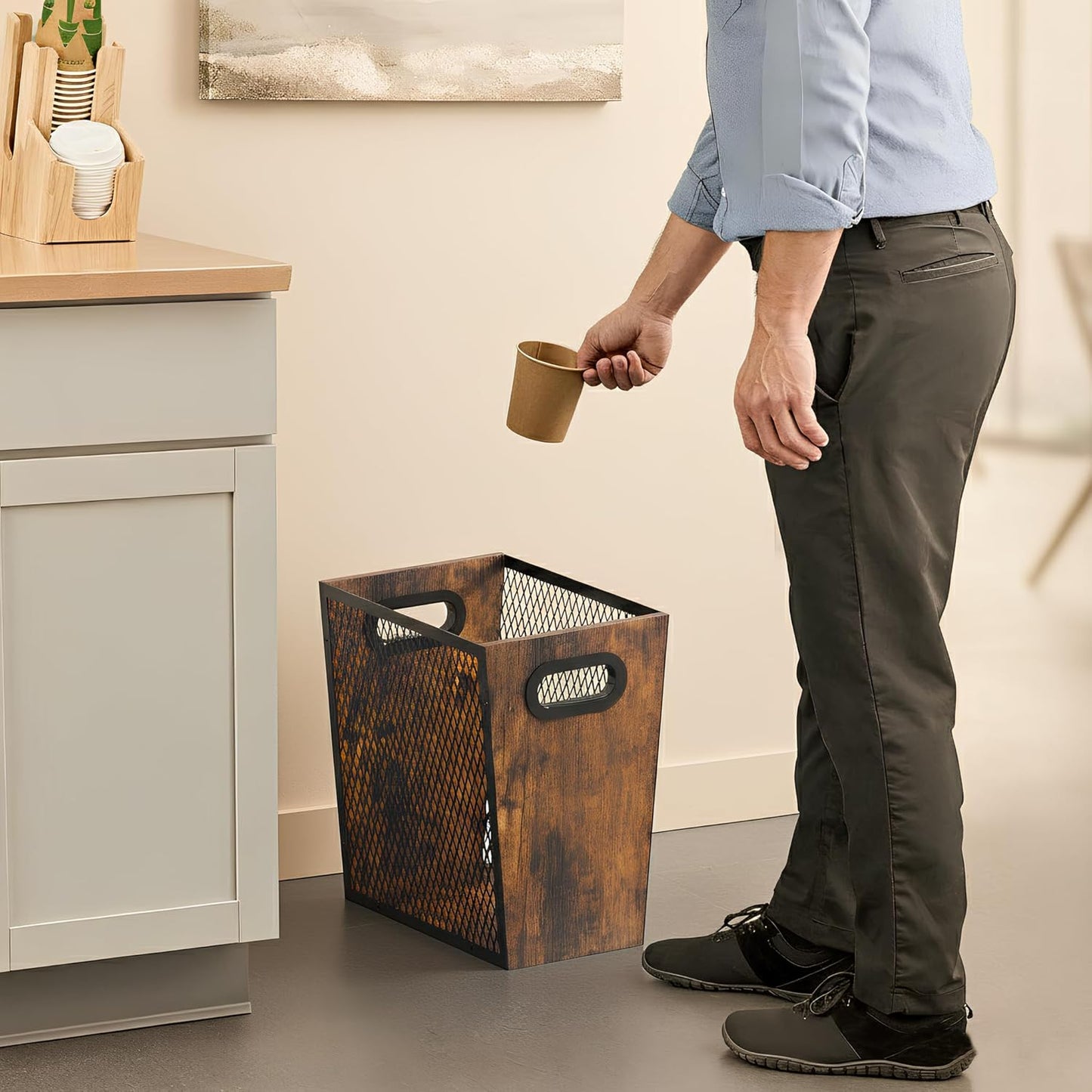 Piskyet Rustic Office Trash Can for Near Desk,7 Gallon Unique Wood Bedroom Garbage Can,Vintage Wastebasket with Handle, Decorative Trash Can for Home Office,2pack 12.2"L x 9.6"W x 14.9"H,Rustic Brown