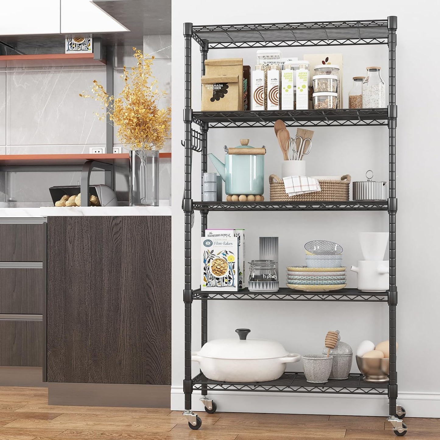 Himimi 5-Tier Storage Shelf Wire Shelving Unit on Wheels Heavy Duty Metal Shelves Adjustable Steel Rack Organization for Kitchen Garage Basement, Black