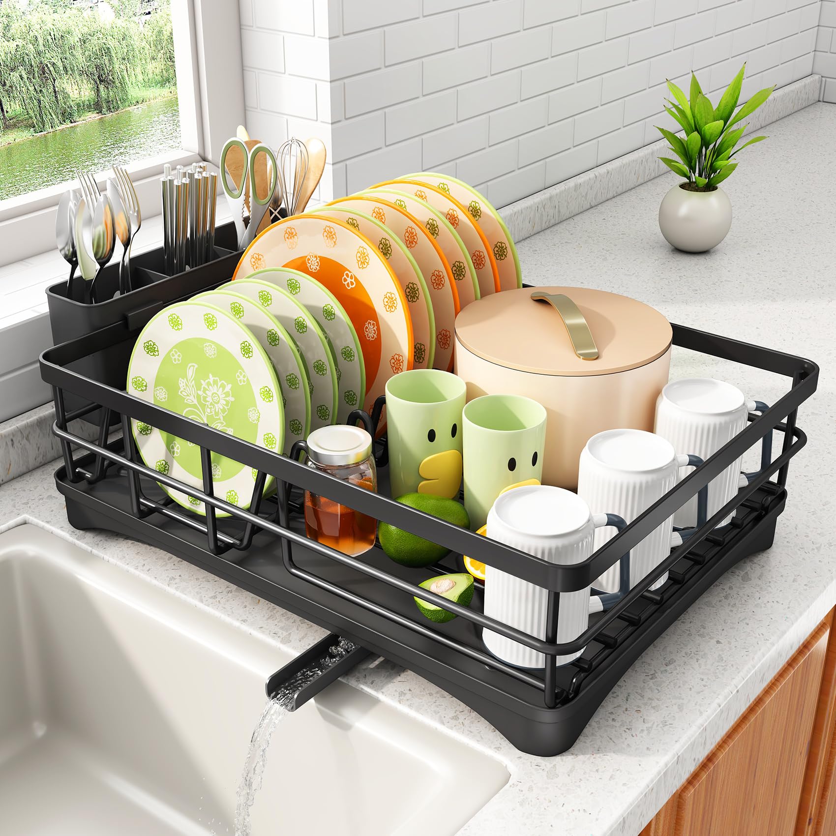 SAYZH Dish Drying Rack for Kitchen Counter with Utensil Holder, Black