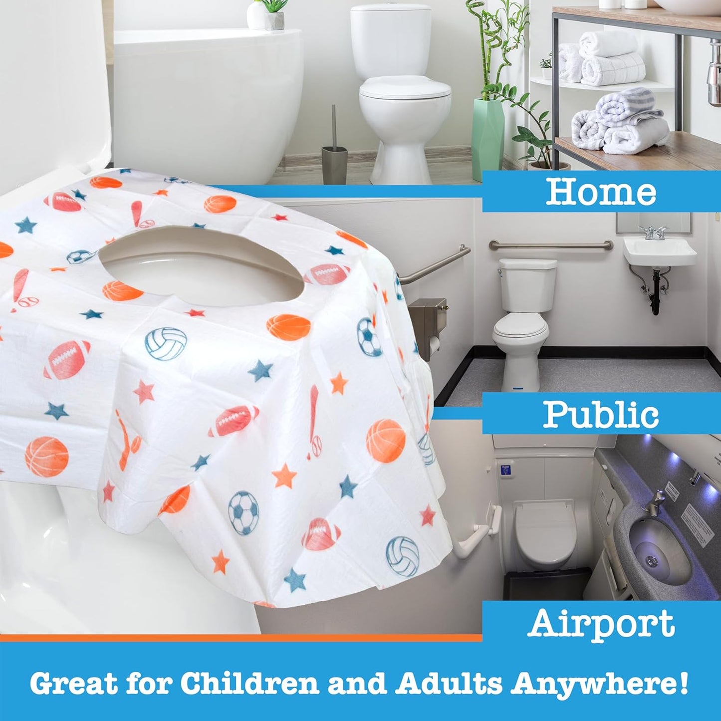 Toilet Seat Covers Disposable (6 Pack, Sports) - XL Waterproof Toilet Cover for Toddlers, Kids & Adults - Portable & Individually Wrapped for Travel, Potty Training & Public Restrooms