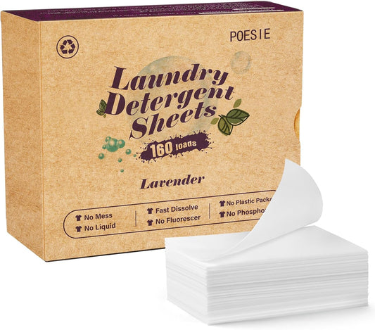 Poesie Laundry Detergent Sheets Lavender Scent 160 Count Soap Sheets Non-Plastic Hypoallergenic Portable Liquidless HE Washing Detergent Strips for Save Place Traveling No Waste