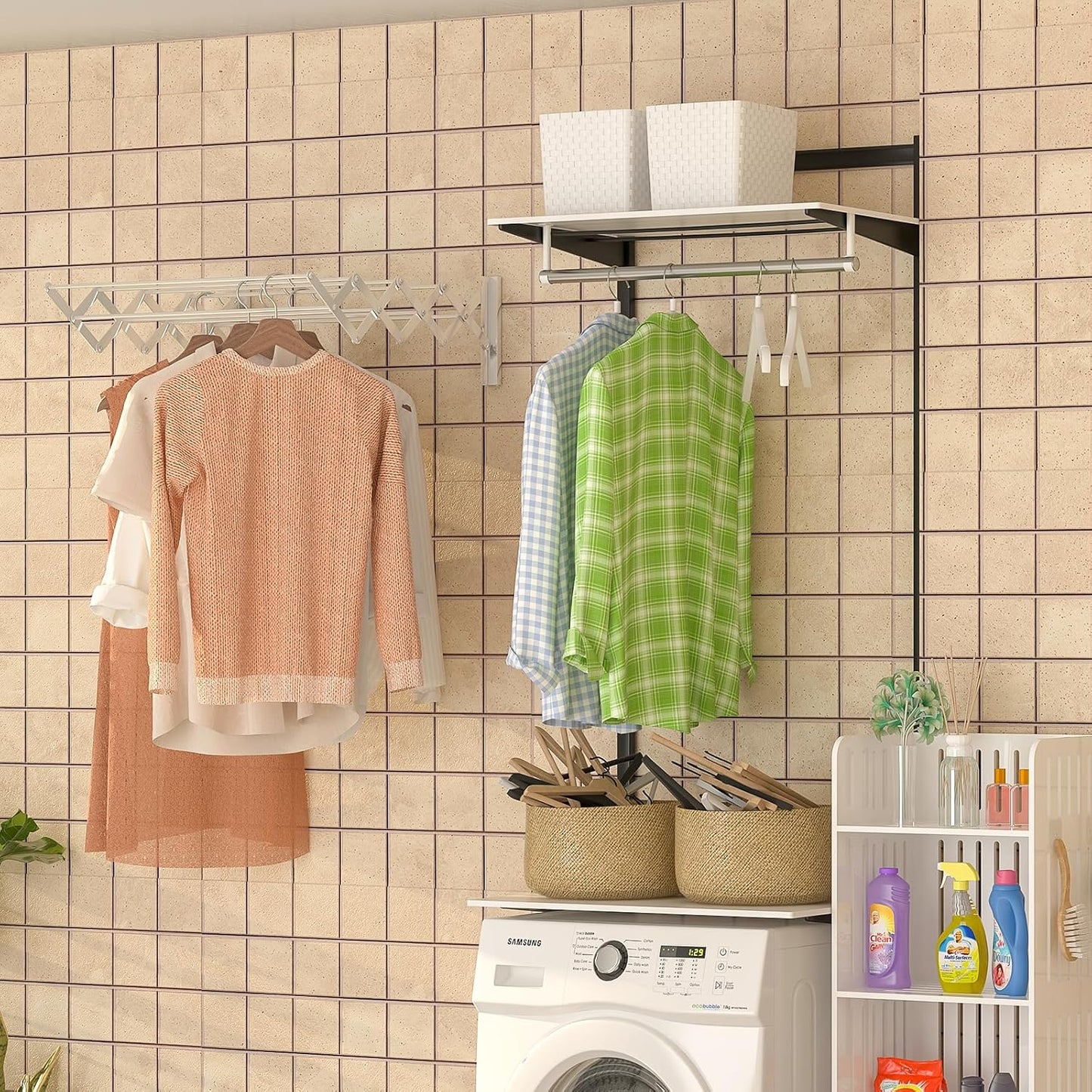 X-cosrack Wall Mounted Clothes Drying Rack, 31.9" Wide Large Rustproof Retractable Laundry Drying Rack, 8 Bar Space-Saving Aluminium Alloys Clothing Hanger Drying Racks forLaundry (Silver)