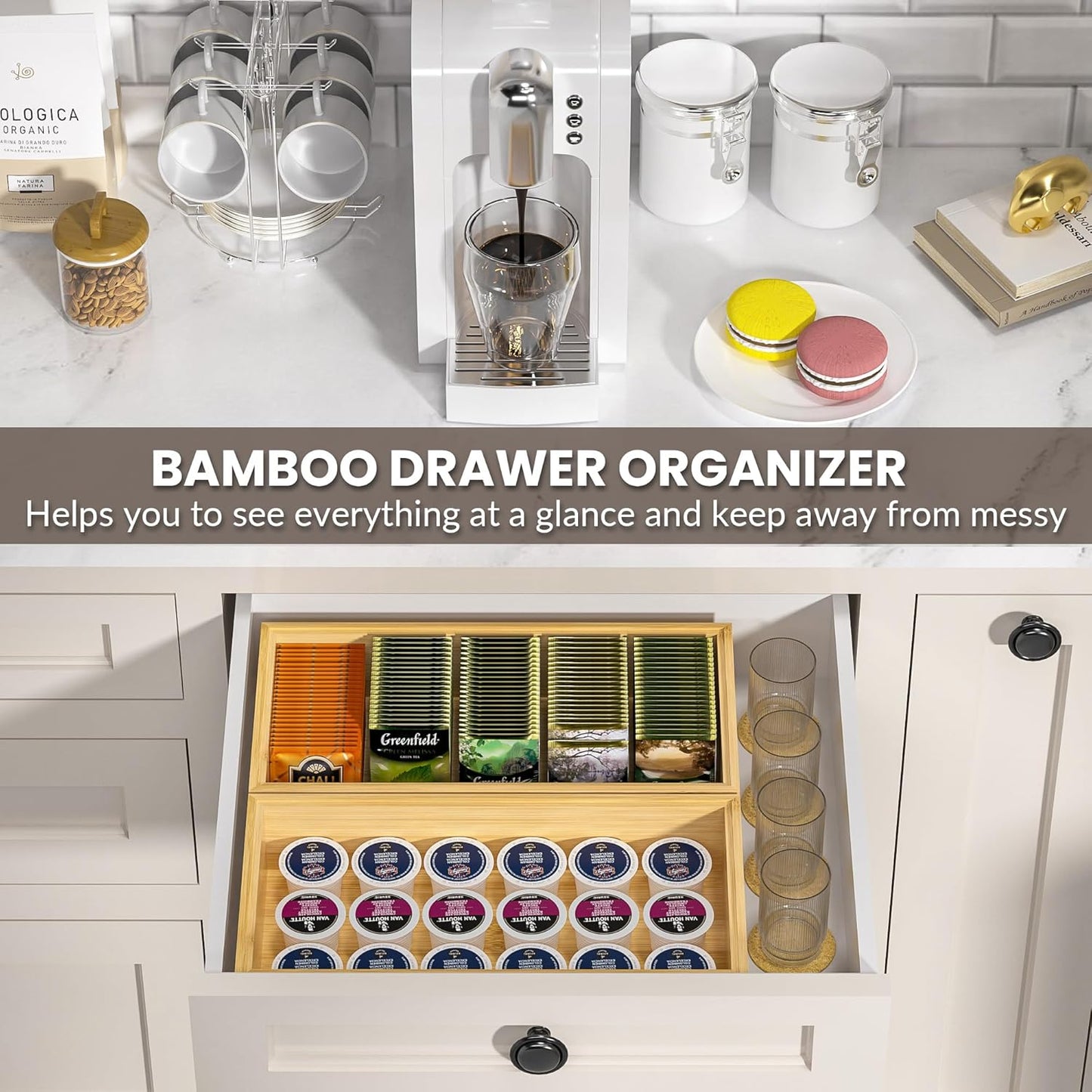 Kitchen Drawer Organizer Bins, Stackable Bamboo Drawer Organizer for Silverware, Flatware, Coffee Pod Organizer K Cup Holder for Countertop, 2 Pcs Coffee Station Organizer 12" x 6" x 2.5"