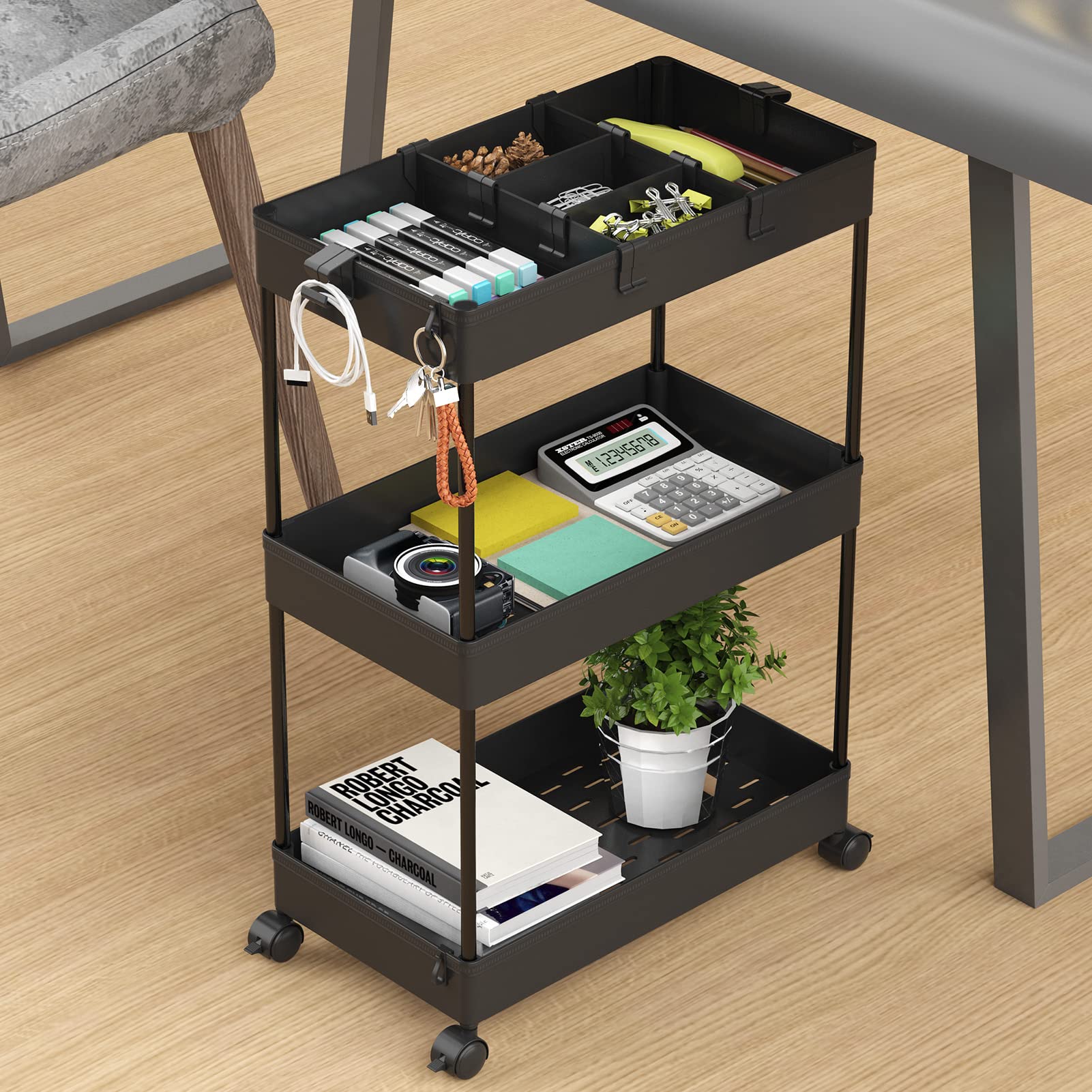SPACELEAD 3 Tier Rolling Cart with Wheels, Storage Craft Art Trolley Organizer Serving, 3 Hanging
