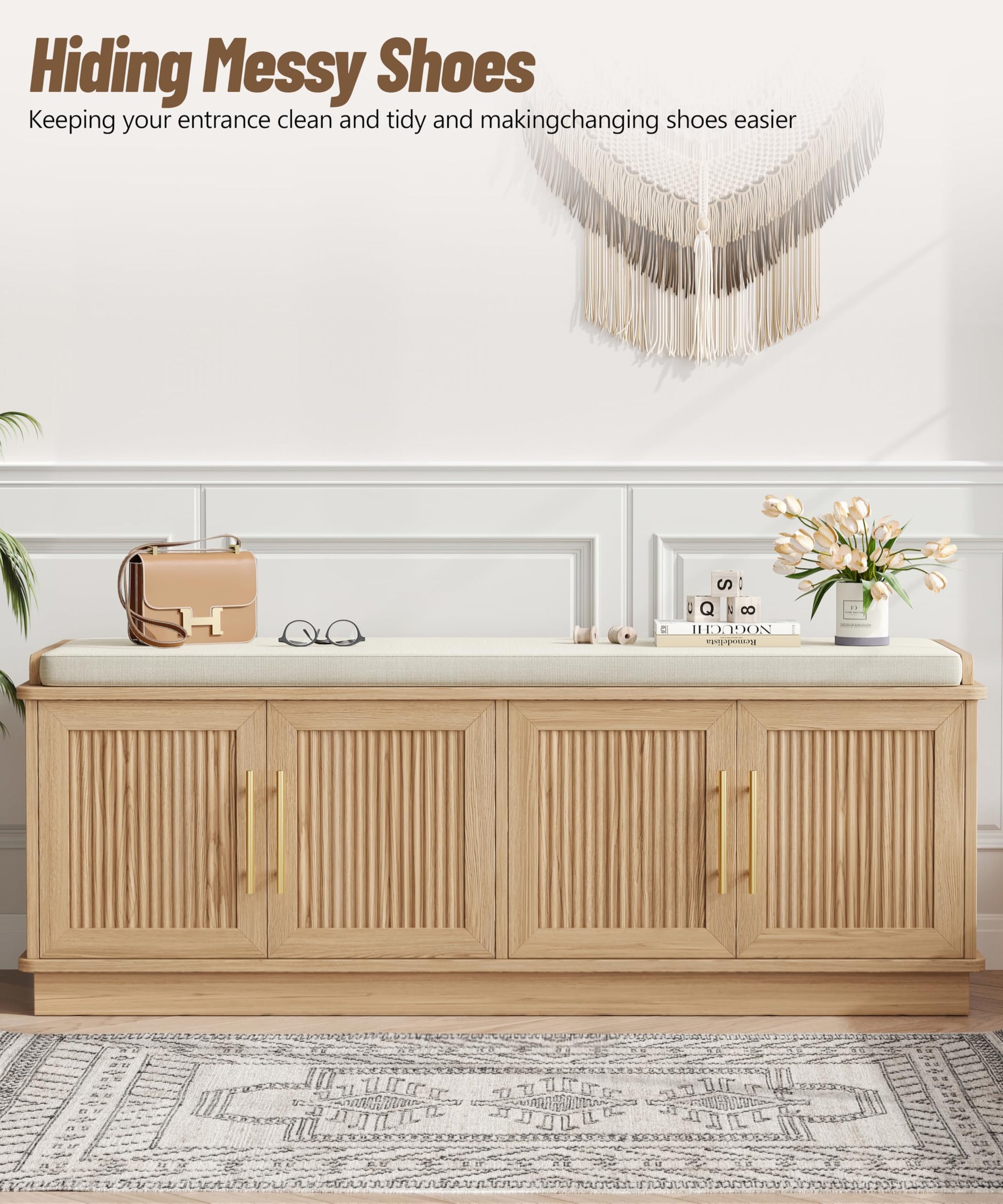 Akxomel 47.2" Fluted Shoe Storage Bench 4 Doors Wooden Entryway Bench Oak