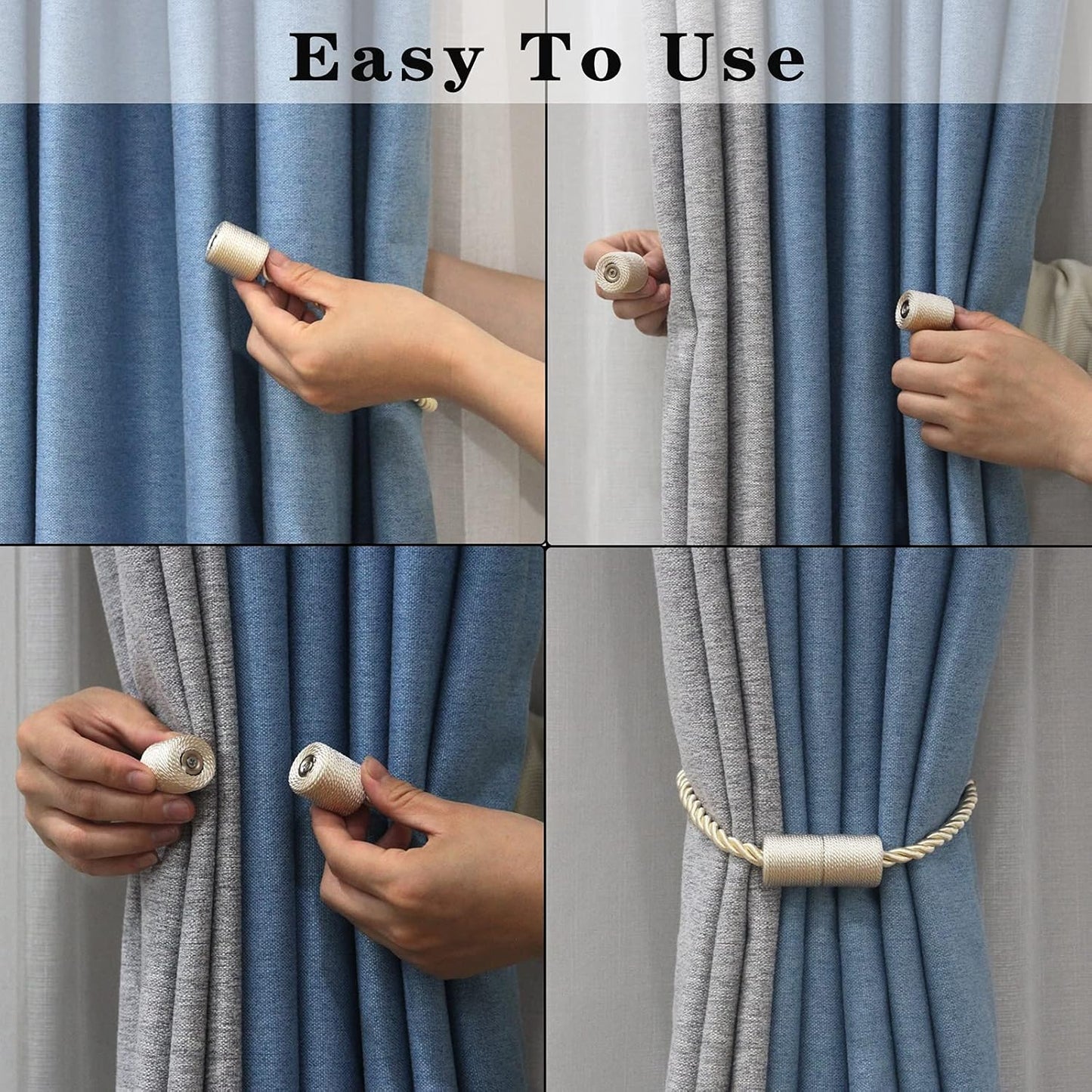4 Pack Strong Magnetic Curtain Tiebacks Outdoor Elegant Decorative Tie Backs Modern Rope Tiebacks for Drapes Window Curtain Holdbacks for Draperies- Beige