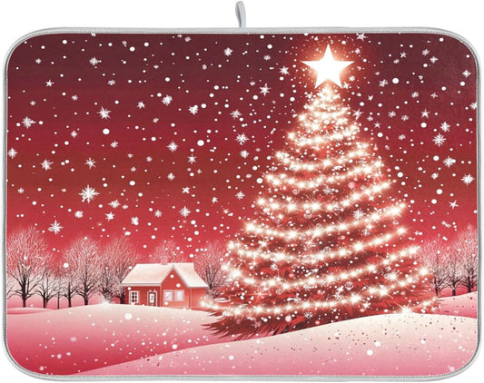 Christmas Tree Red Dish Drying Mat for Kitchen Countertop 16x18 Winter Snow Cabin Xmas Small Drying Mat Reusable Quick Dry Dish Sink Mats Easy Clean Decorative Essentials