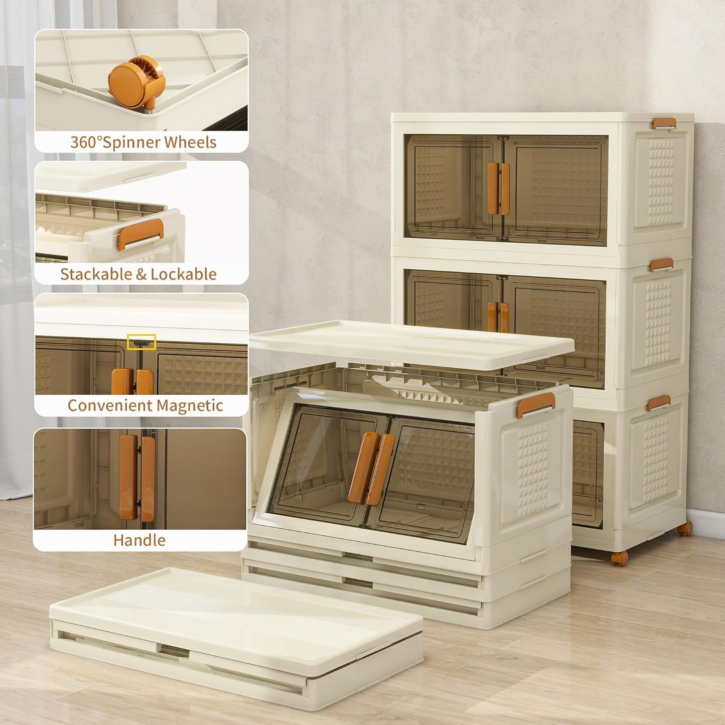 Plastic Stackable Storage Bins with Lids and Wheels, Foldable Closet Organizers and Storage Containers for Bathroom, Collapsible Clear Drawer Storage Cabinet with Doors White 38Gal 3Tiers