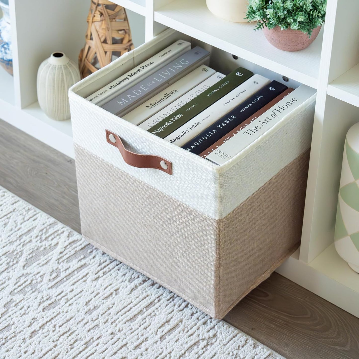 OrganiHaus 11x11 Fabric Cubes Storage Bins Set of 4, Foldable Collapsible Fabric Storage Bins for Organizer, Cubbies Organizer for Kallax, Linen Cube Shelf Baskets, Toy Organizing boxes - Beige/White