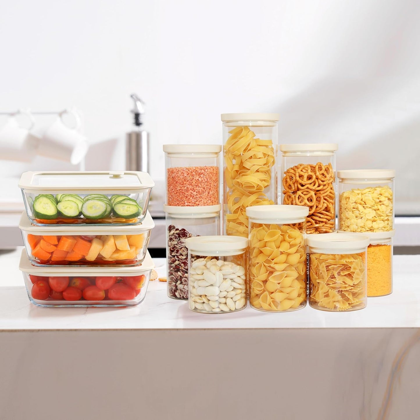 Urban Green Glass Food Storage Jar with Glass Lid, Food Canister Set with Airtight Lids, Pantry Jar for Kitchen Organization. Food Storage Container Set in 6 pack of 26oz