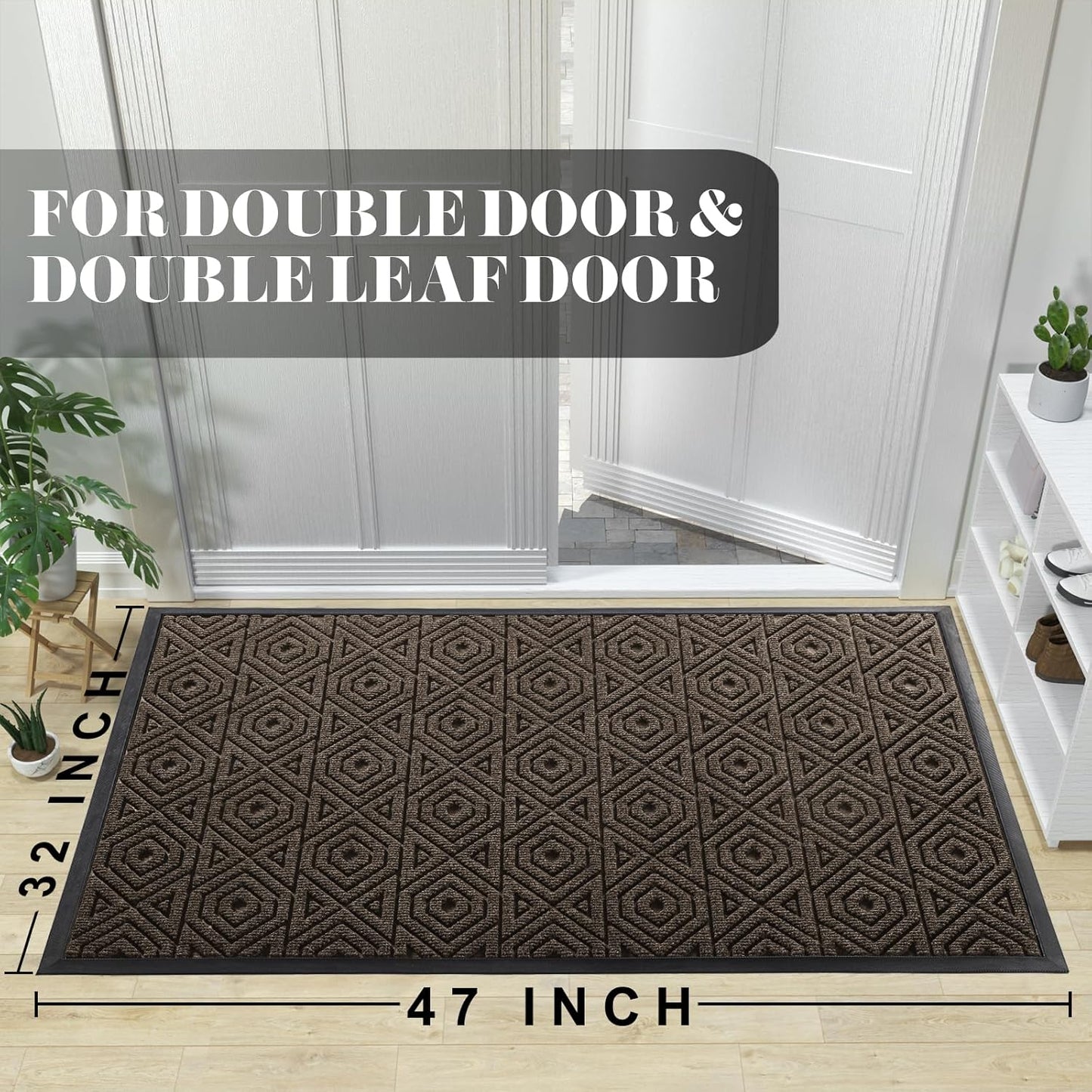 Yimobra Door Mat, Outdoor Indoor Entrance Welcome Mat, Heavy Entry Front Door Mat, Stain & Fade Resistant, Low Profile, Sturdy Rubber, Easy Clean Patio Floor Mat, Waterproof, 47 x 32, Brown