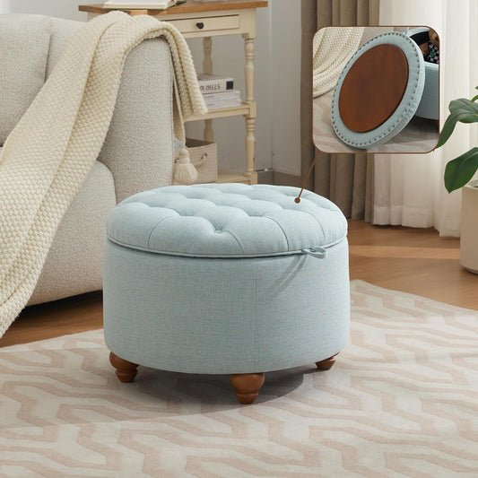 24Inch Round Storage Ottoman with Tray, Modern Tufted Fabric Circle Coffee Table with Storage