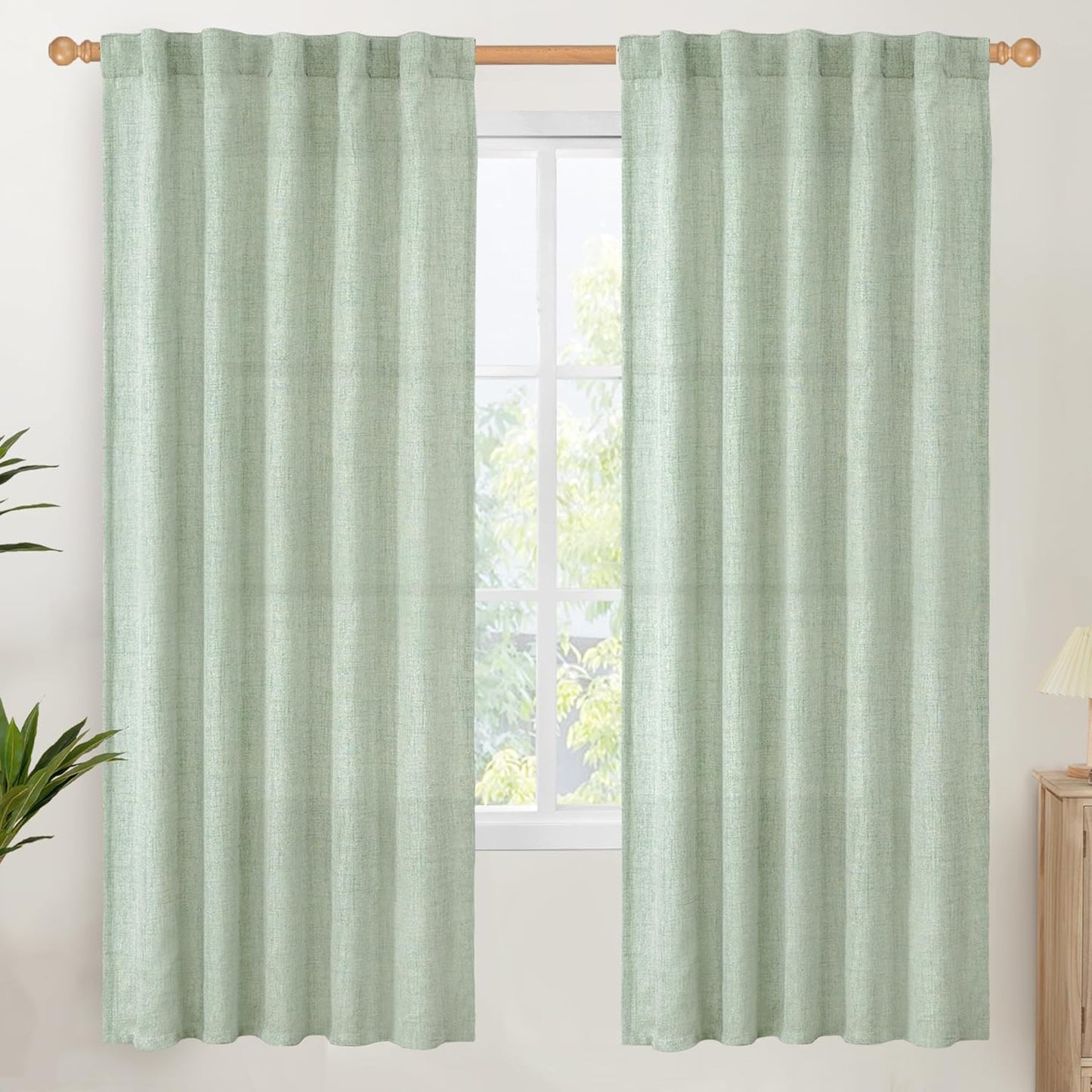 YoungsTex Sage Green Curtains 72 Inch Length for Living Room, Semi Sheer Linen Drapes Light Filtering with Back Tab Rod Pocket for Bedroom Farmhouse Spring Decor, 42 X 72 Inch, 2 Panels