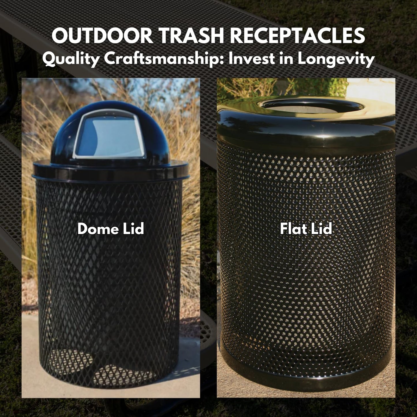 COATEDOUTDOORFURNITURE RDT-TXTDBL Heavy Duty 32 Gallon Round Trash Receptacle, Liner Included, Textured Dark Blue with Black Dome, Made in America