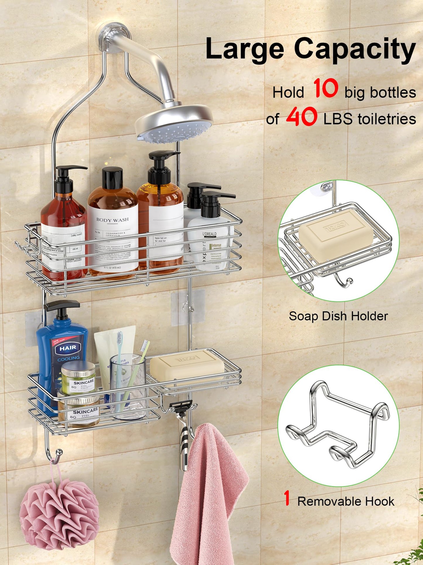 SMARTAKE Hanging Shower Head Caddy, Shower Shelf Organizer, Silver