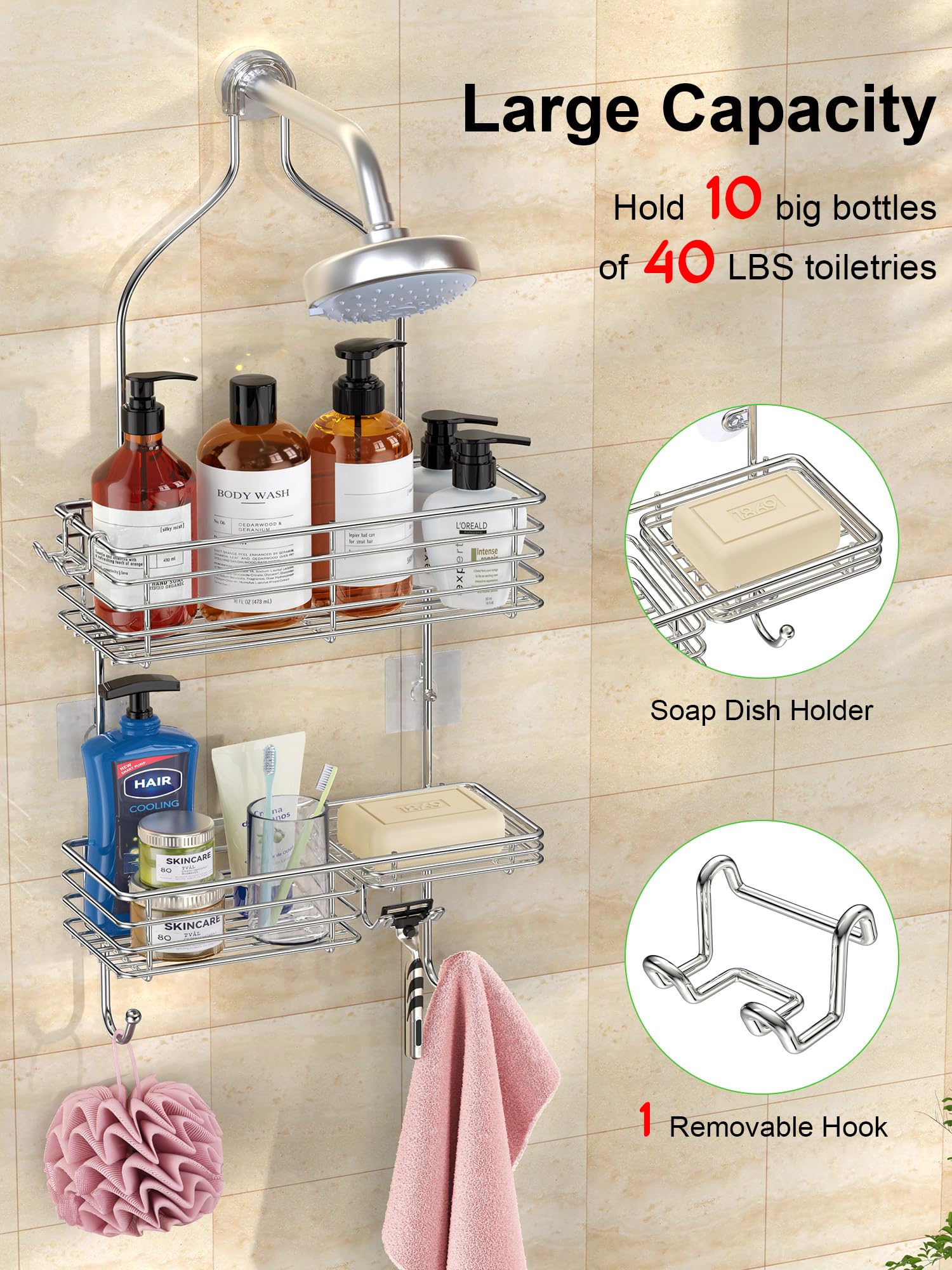 SMARTAKE Hanging Shower Head Caddy, Shower Shelf Organizer, Silver