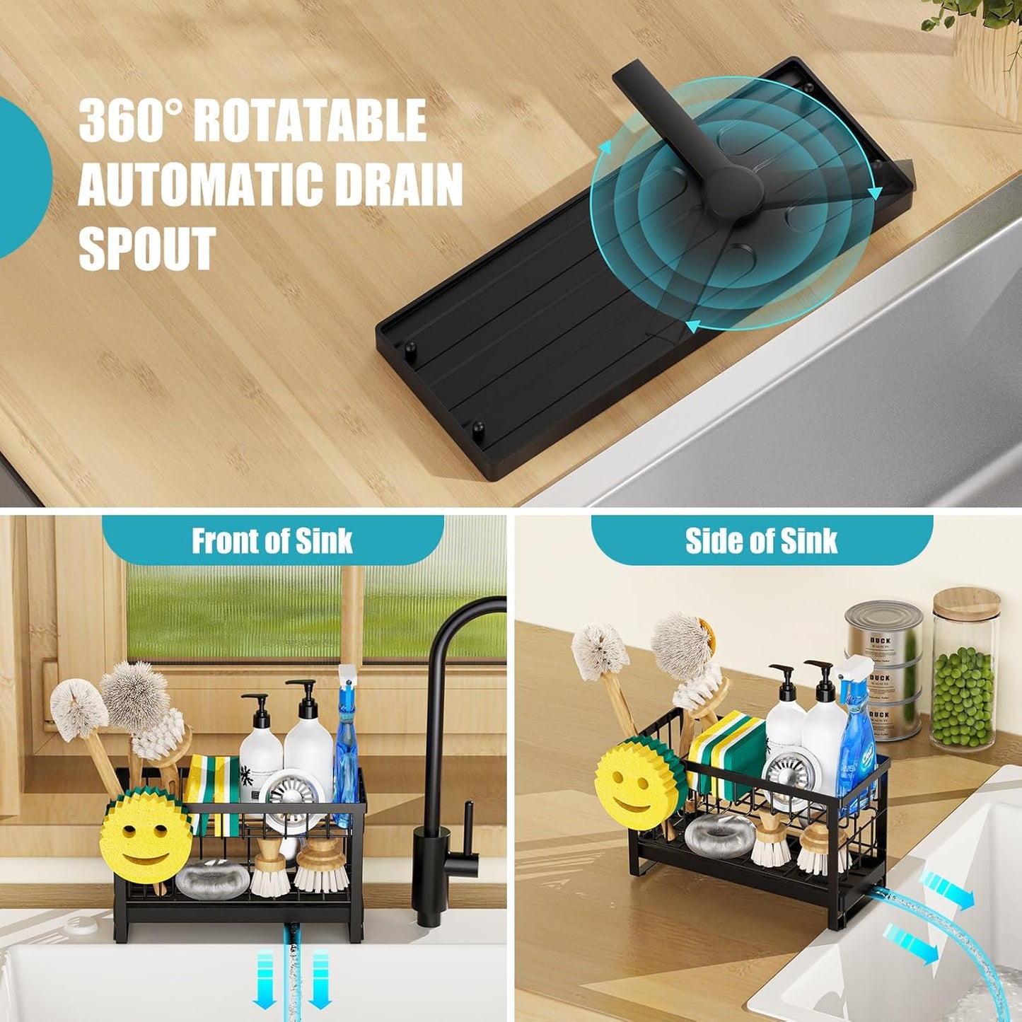 Sponge Holder for Kitchen Sink with Flexible Sink Caddy Smiley Face,2 Tier Kitchen Sponge Holder Countertop and Storage Essentials,Soap Dispenser Organize,Home Decor Accessories-Black