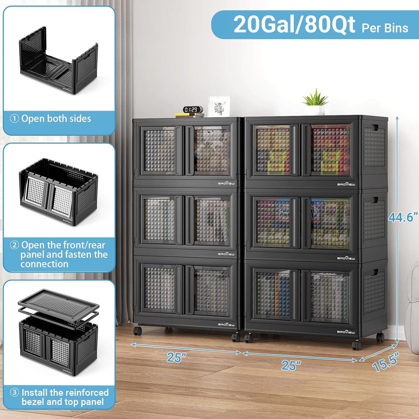 BROVIEW 600Qt Stackable Storage Bins with Lids, 150Gal Closet Organizers and Storage Drawer, Plastic Collapsible Storage Bins with Doors, Heavy Duty Store Box Cabinet for Home Kitchen, 6Pack Black