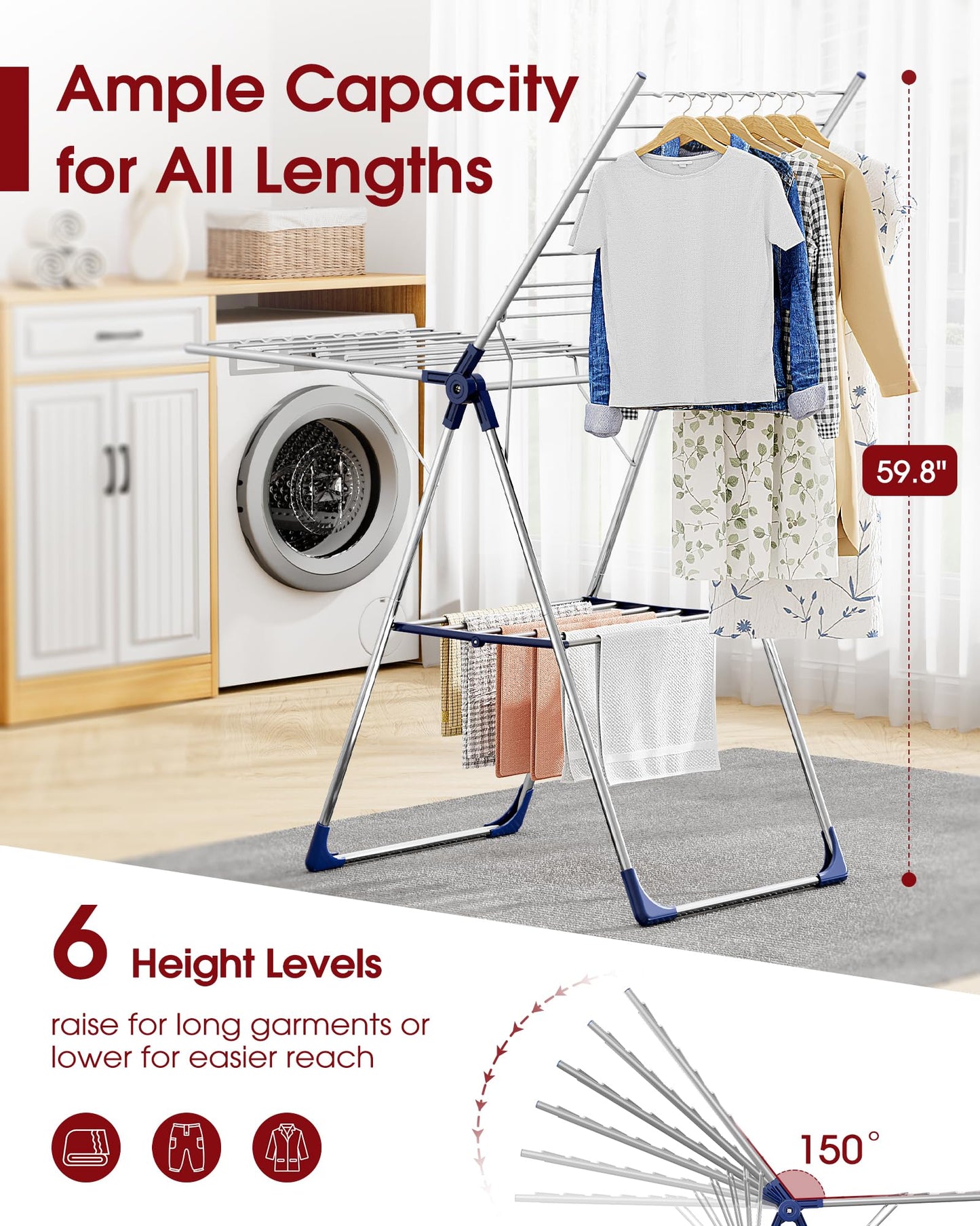 Sakugi Clothes Drying Rack, 55.5" Adjustable Wings, Foldable Design