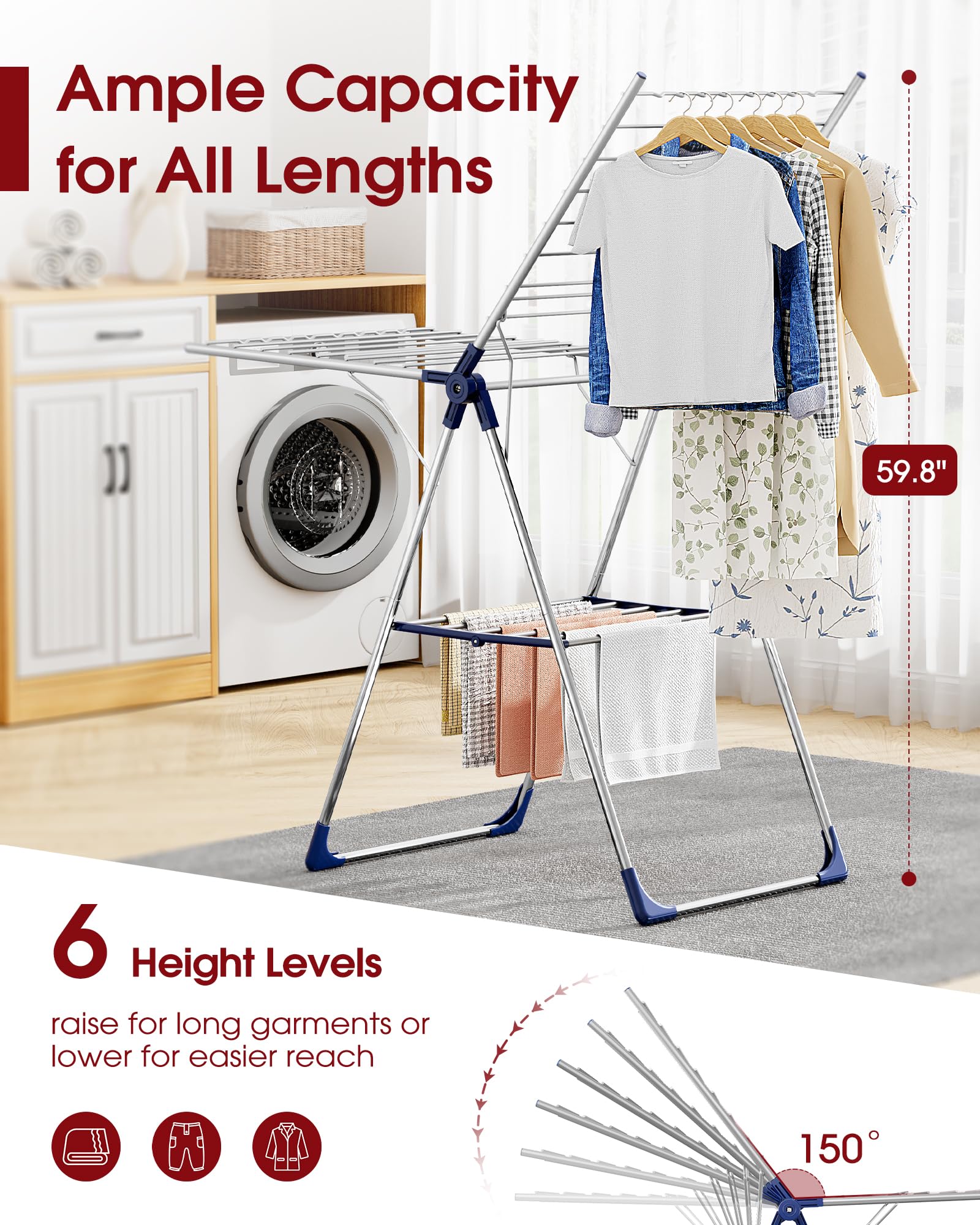 Sakugi Clothes Drying Rack, 55.5" Adjustable Wings, Foldable Design