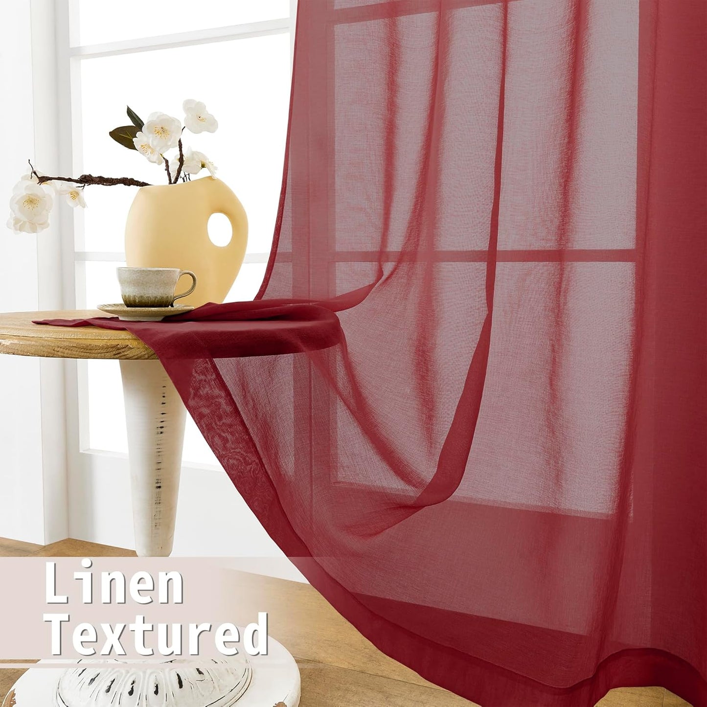 Tollpiz Small Sheer Door Curtain Closet Linen Textured Curtain Sheers Doorway Light Filtering Voile French Door Rod Pocket Curtains Patio Glass Door, 25 x 40 inches Long, Burgundy Red, Set of 1 Panel