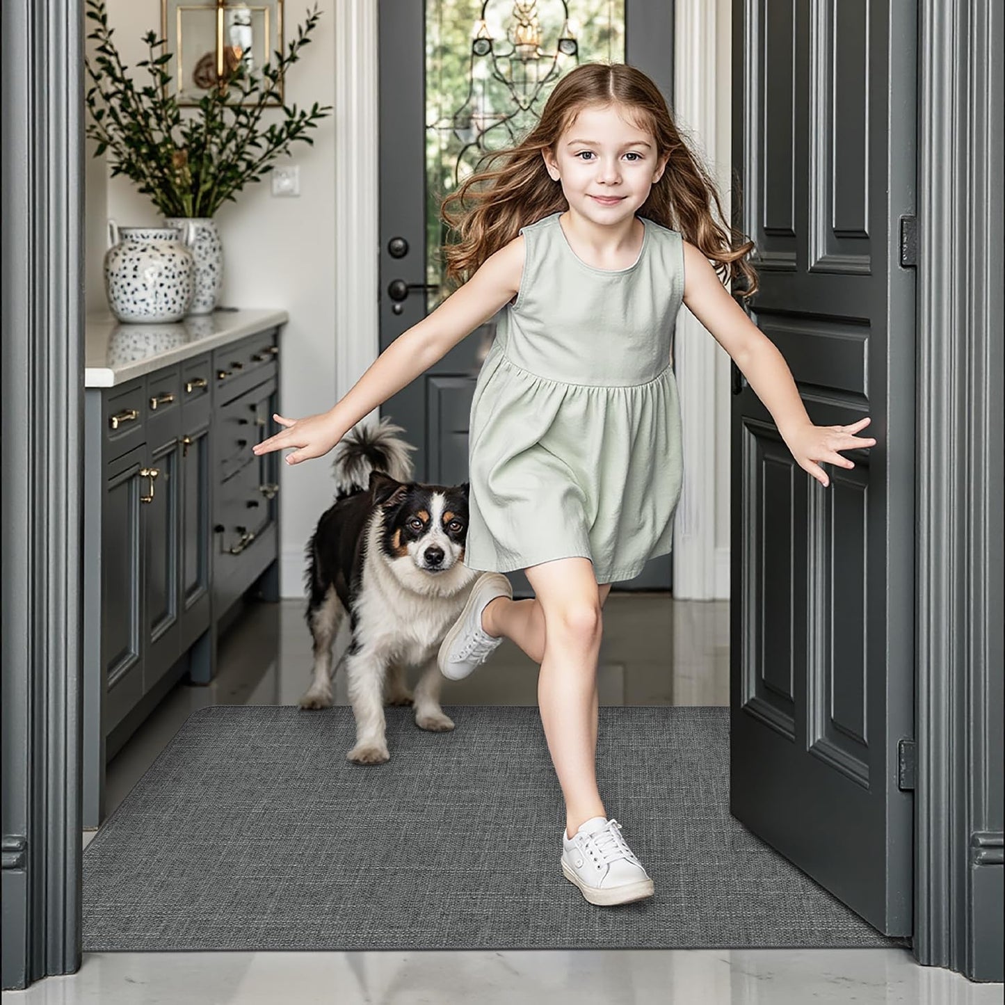 LUMI Ultra Thin Door Mat for Entryway,36"x59" Low Profile Non Slip Rubber Backing Indoor Doormat, Easy Clean Welcome Entrance Mat for Inside House, Patio, Greenish Grey