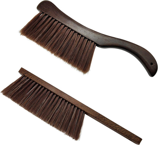 2 Pcs Wooden Hand Broom Brush, Dust Bench Brush Whisk Broom Soft Bristle Brush for Car Bed Furniture Clothes Couch Draft Sofa Fireplace Clothes Household Cleaning with Long Wood Handle(Brown)