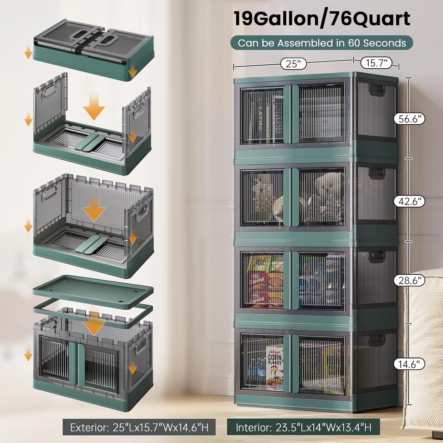 19Gal Collapsible Storage Bins with Lids & Wheels - 4 Pack Stackable with Doors, Heavy-Duty Plastic Containers for Home/Office, Green