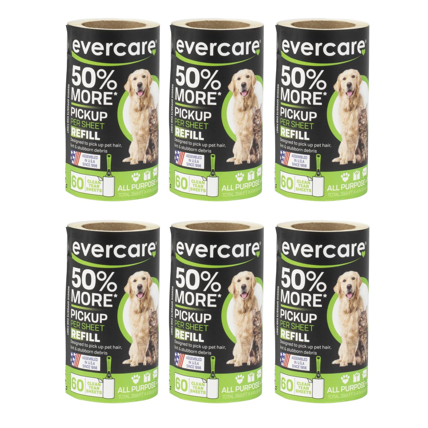 Evercare Pet Lint Roller Refill, Manual Operation, 60 Sheets per Roll, 6 Count Refill Pack for Pet
