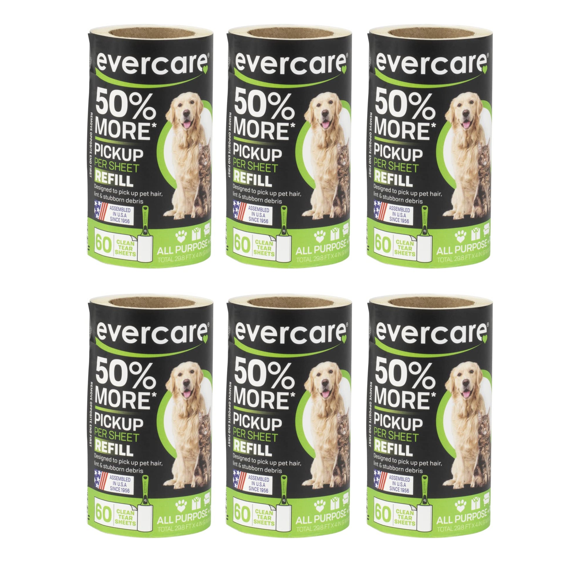 Evercare Pet Lint Roller Refill, Manual Operation, 60 Sheets per Roll, 6 Count Refill Pack for Pet