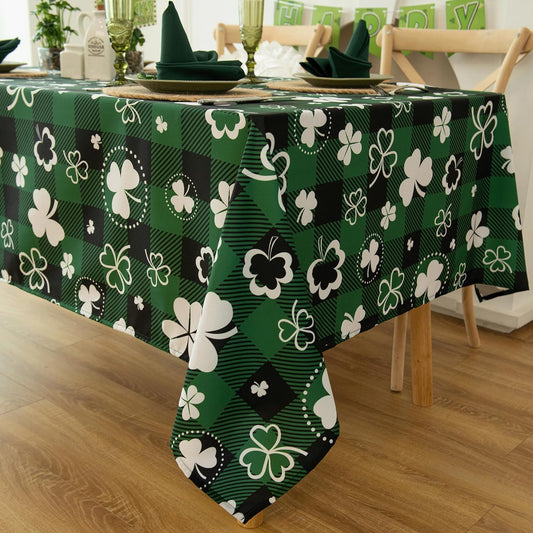 Green Gingham Shamrock Plaid Tablecloth - St. Patrick's Day Rectangular 58x102 Inch Water Resistant Table Cloth for Indoor/Outdoor Use - Holiday Table Cover for Kitchen and Parties
