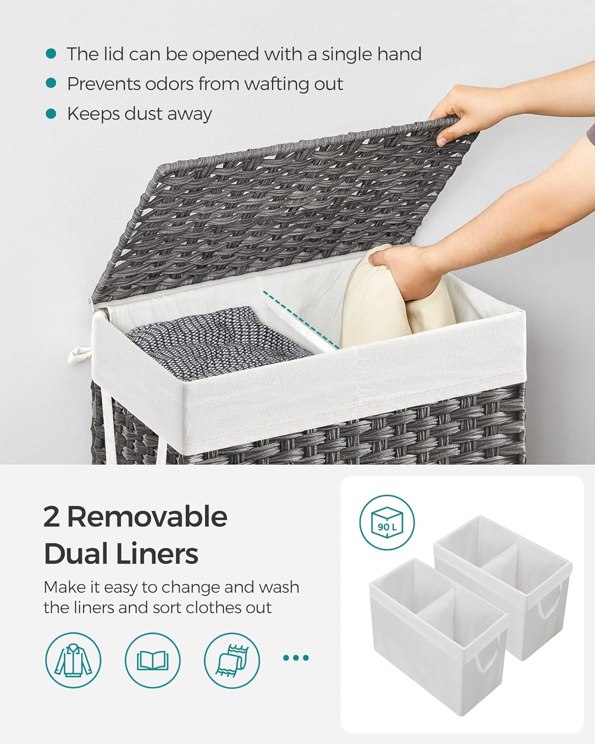 SONGMICS Laundry Hamper with Lid, 90L Clothes Hamper with 2 Removable Liner Bags, 6 Mesh Bags, Wicker Laundry Basket, Double Laundry Hamper for Bathroom, 13 x 18.1 x 23.6 Inches, Gray ULCB251G01V1